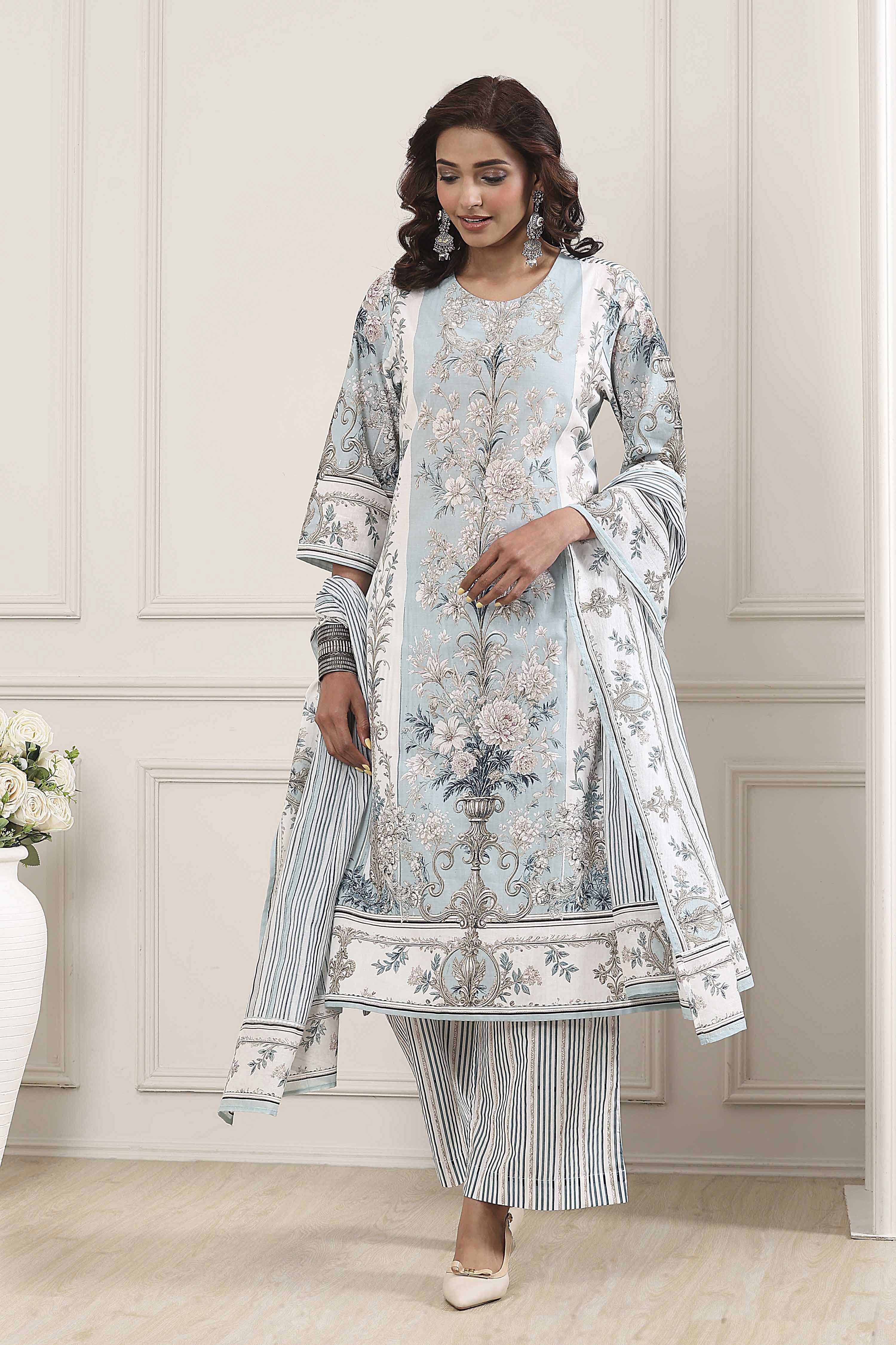 Khaki Green Cotton Floral Printed Straight Suit Set image number 0