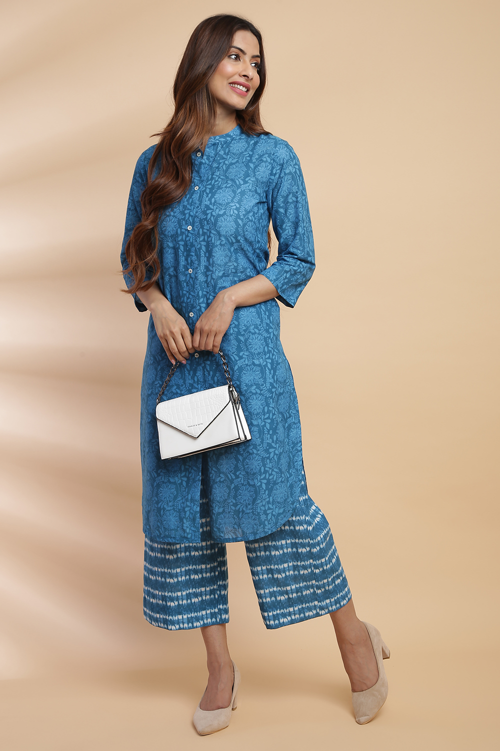 Teal Cotton Straight Kurta Pants Set image number 3