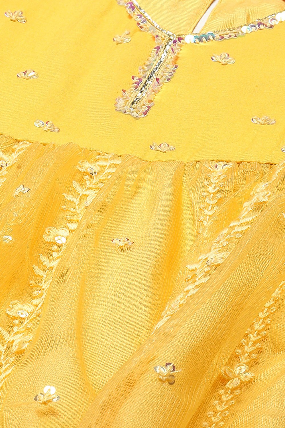 Yellow Nylon Gathered Embroidery Kurta Palazzo Suit Set image number 4