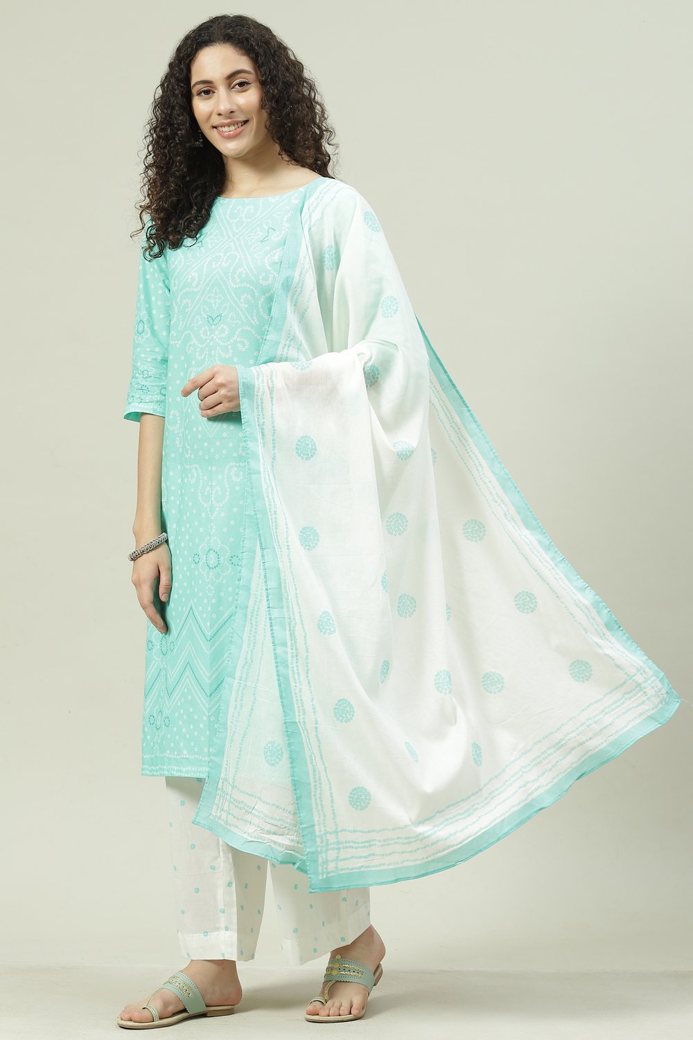 Aqua Printed Cotton Straight Kurta Palazzo Suit Set image number 5