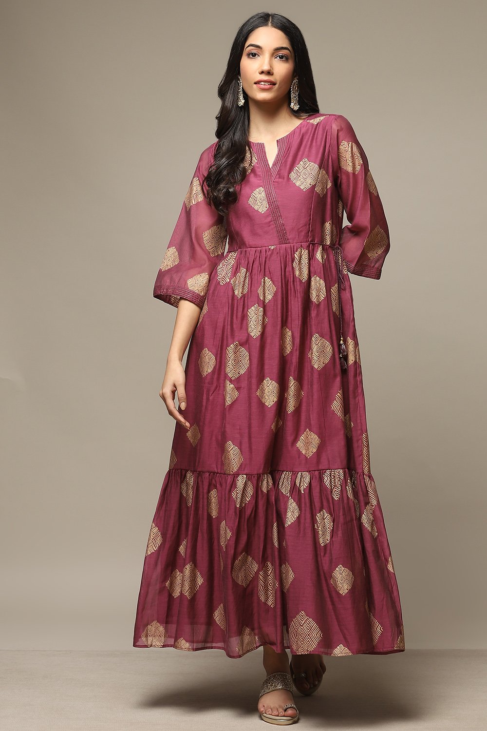 Buy Purple Cotton Blend Tiered Printed Dress for INR2399.40 |Biba India