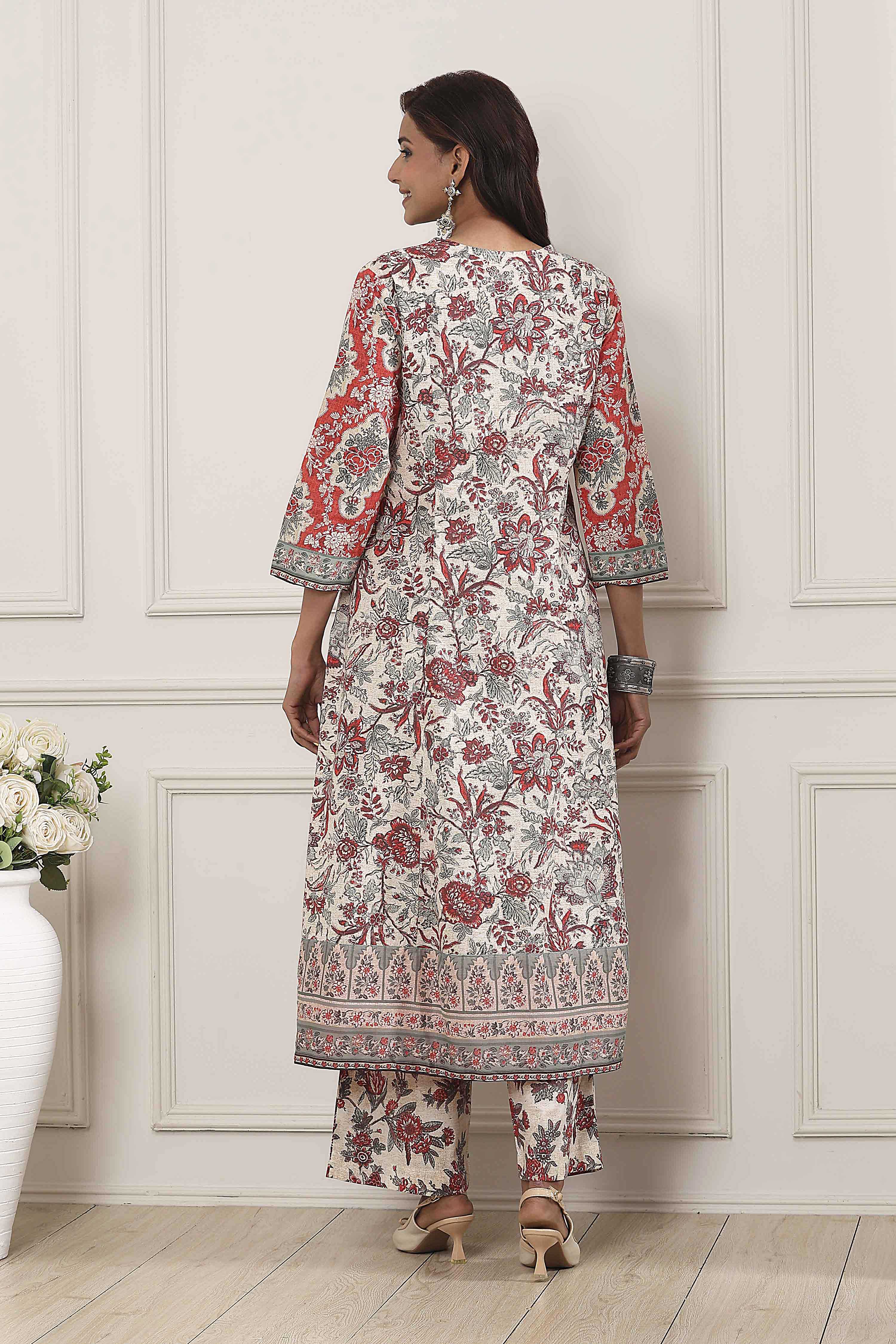 Grey-Red Cotton Anarkali Printed Suit Set image number 4