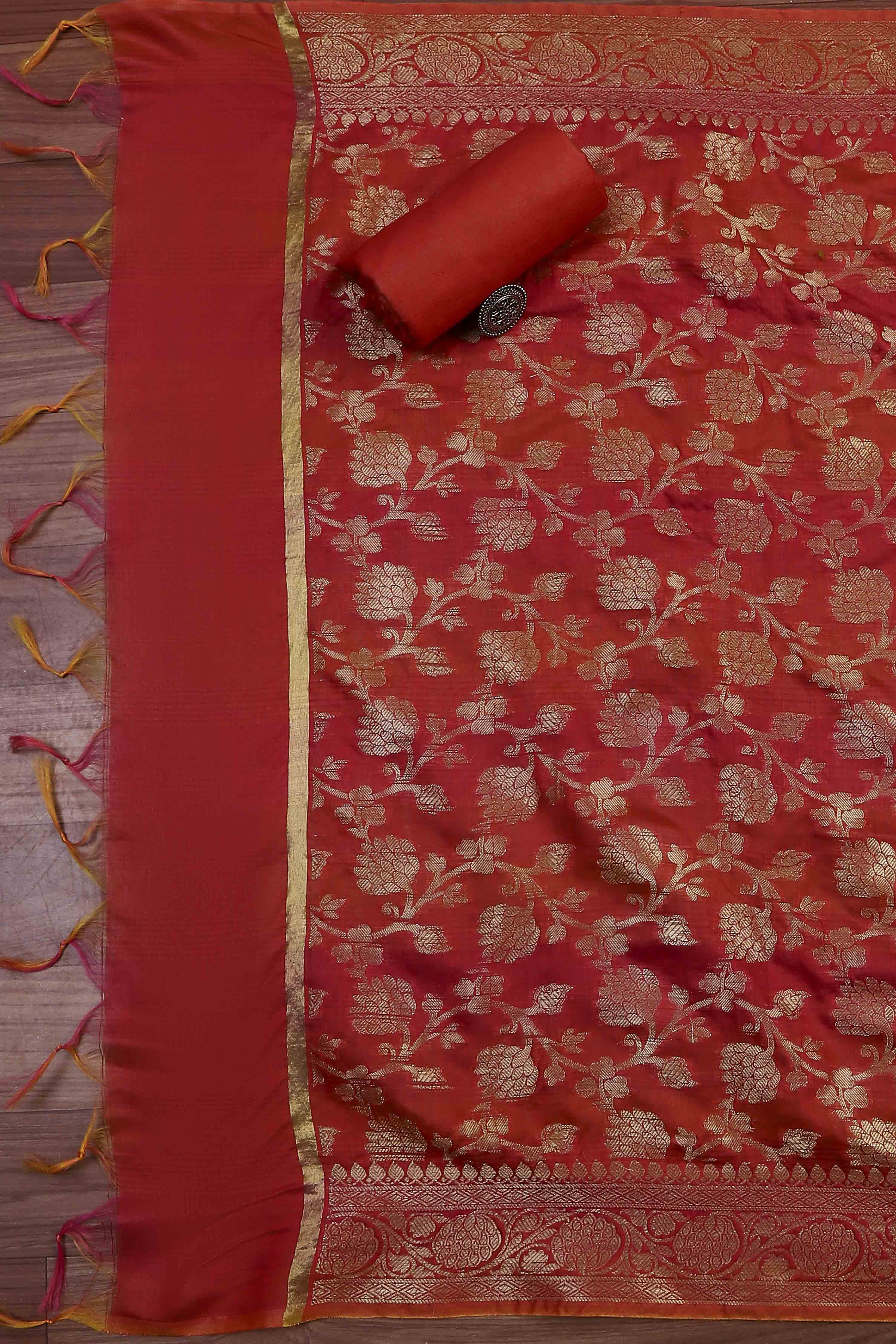 Rust Cotton Printed Embroidered Unstitched Suit Set image number 3