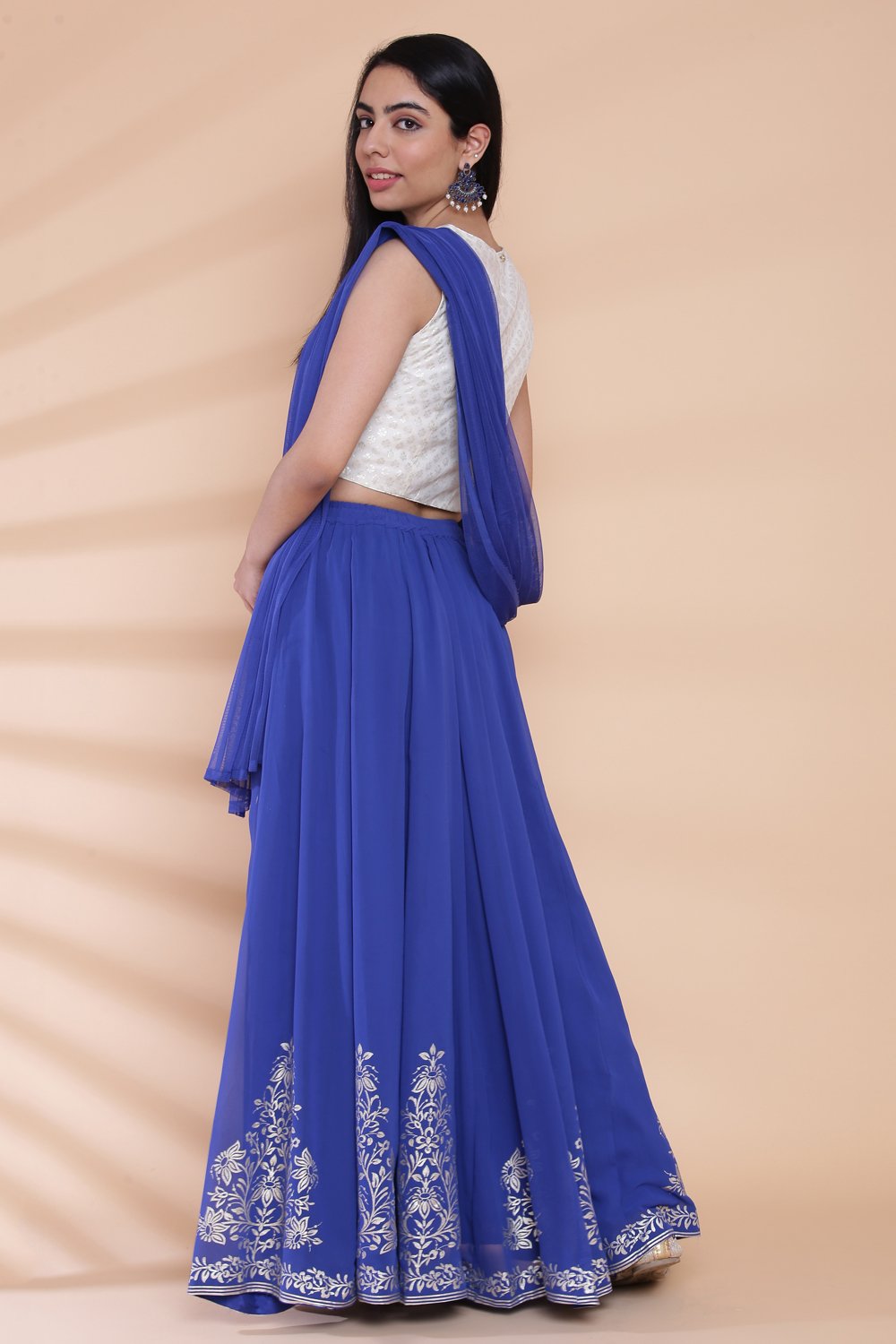 Off White And Blue Poly Cotton Lehenga Set image number 7