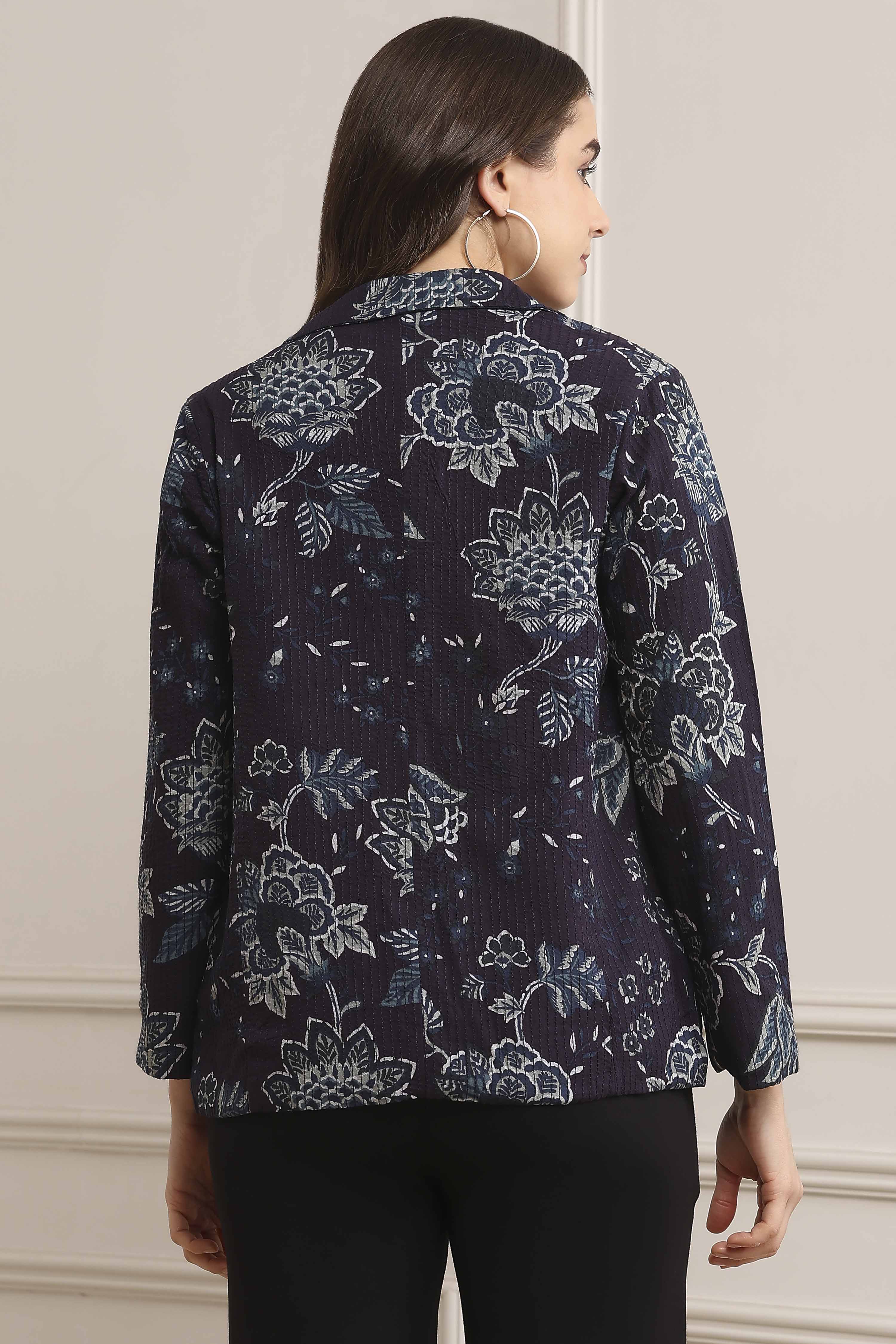 Navy Rayon Straight Printed Jacket image number 3