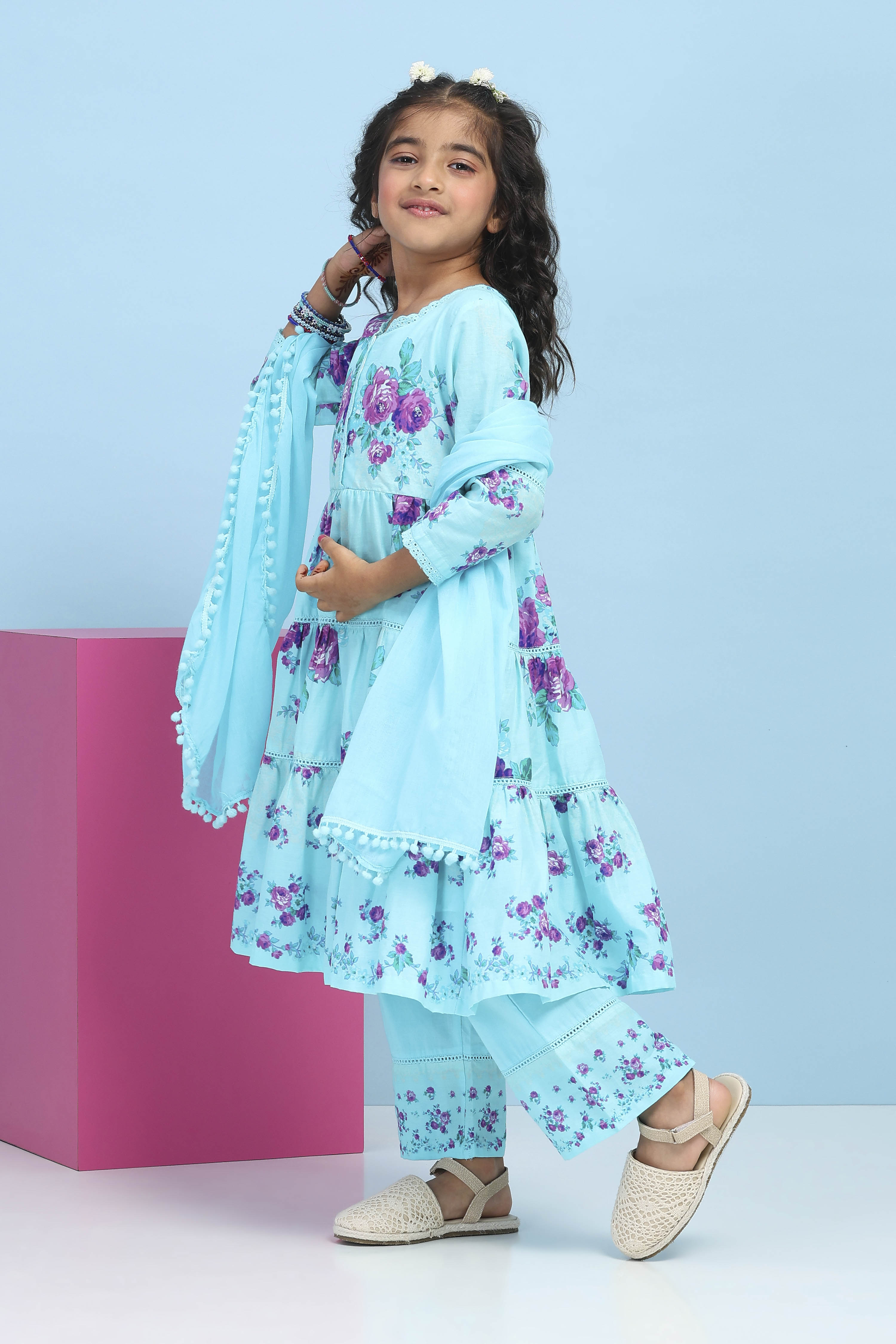 Blue Cotton Printed Tiered Suit Set image number 3