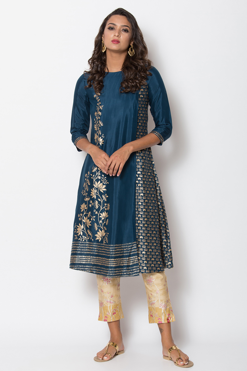 Navy Blue Viscose A-Line Printed Kurta image number 0