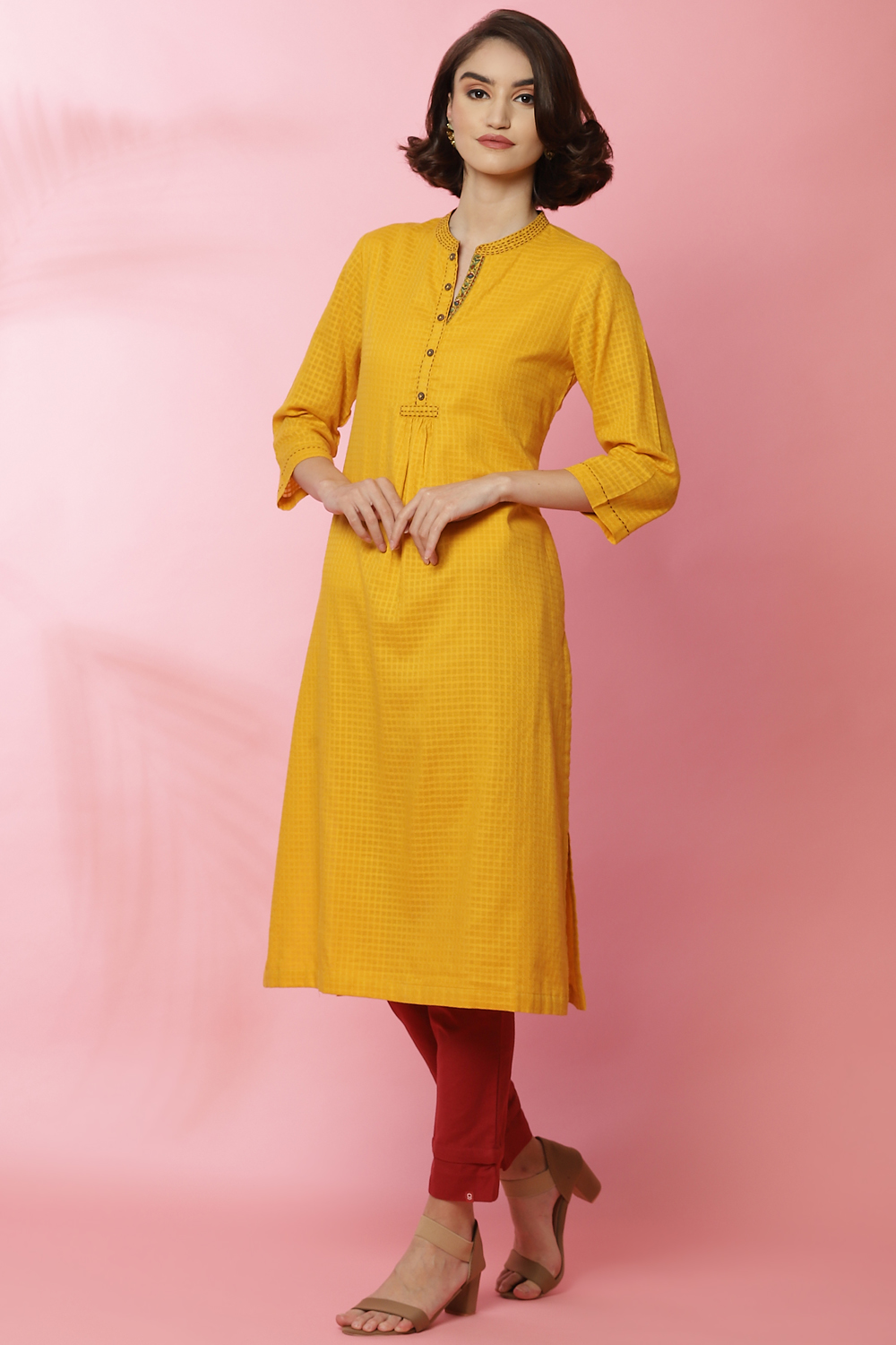 Ochre Cotton Straight Yarndyed Kurta image number 3