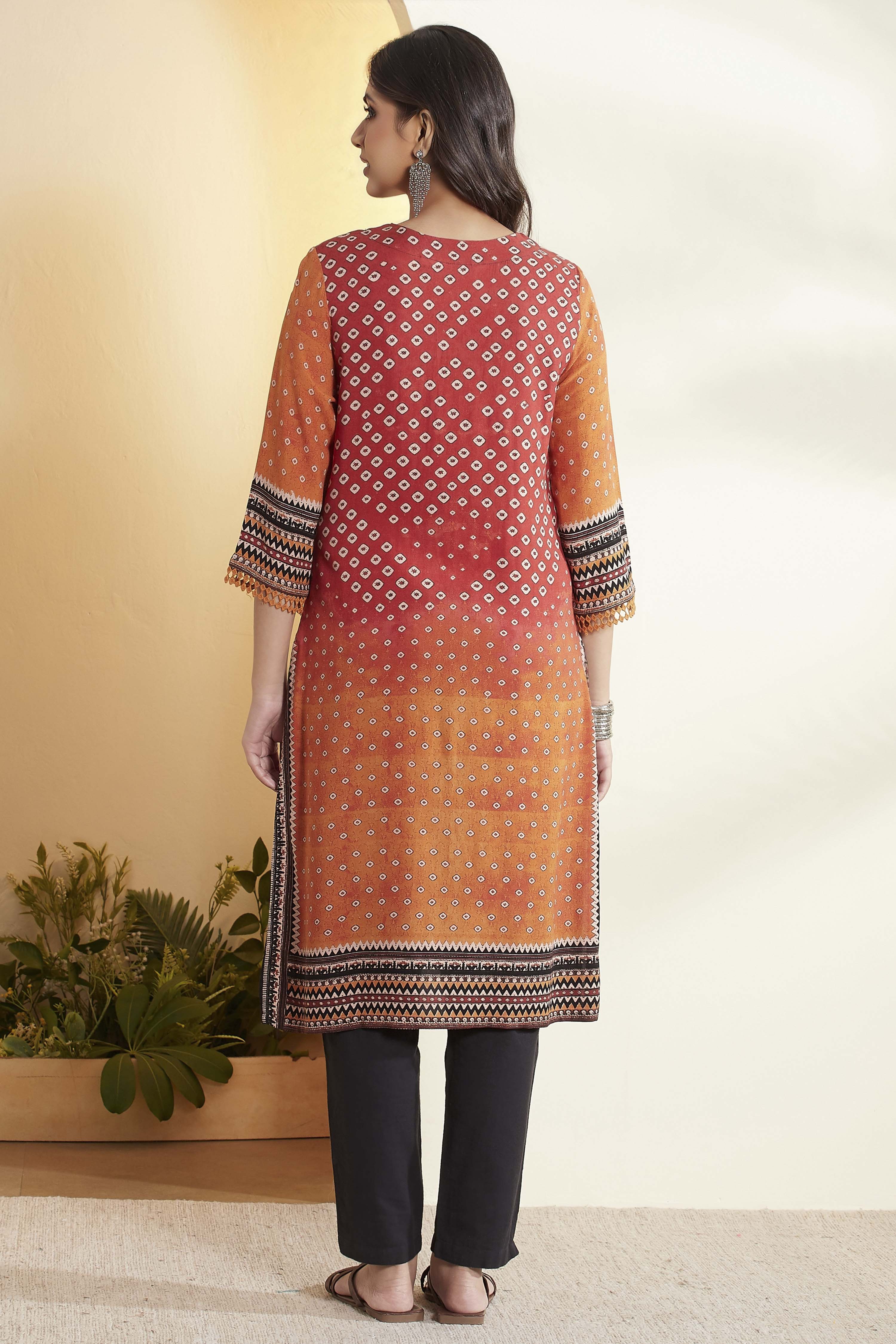 Rust Viscose Rayon Geometric Printed A-Line Kurta image number 5