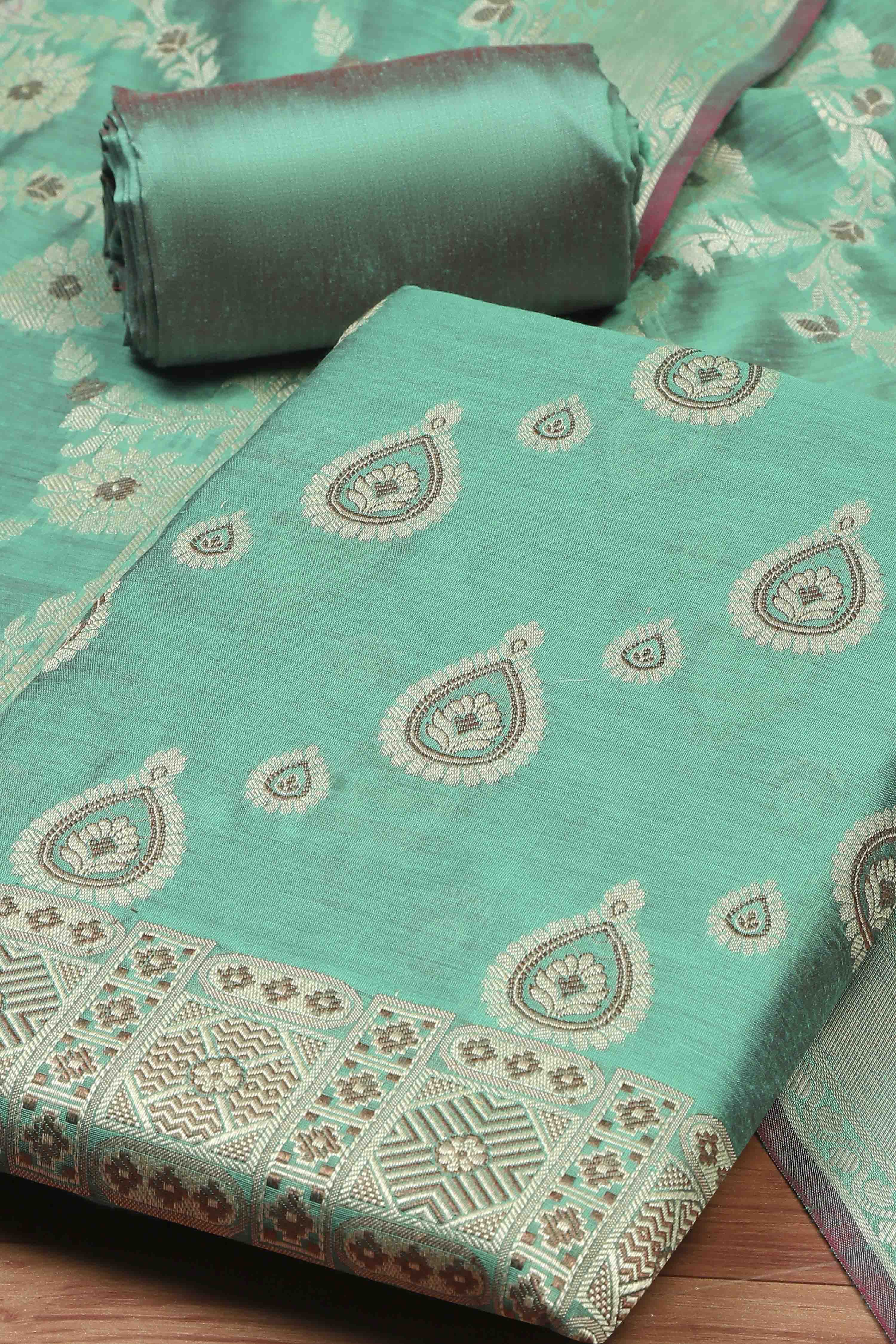 Red Chanderi  Unstitched Suit Set image number 1