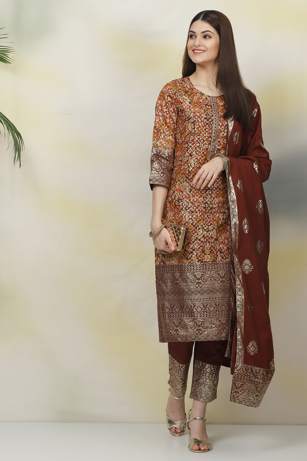 Choco Brown Cotton Straight Kurta Slim Pant Suit Set image number 7