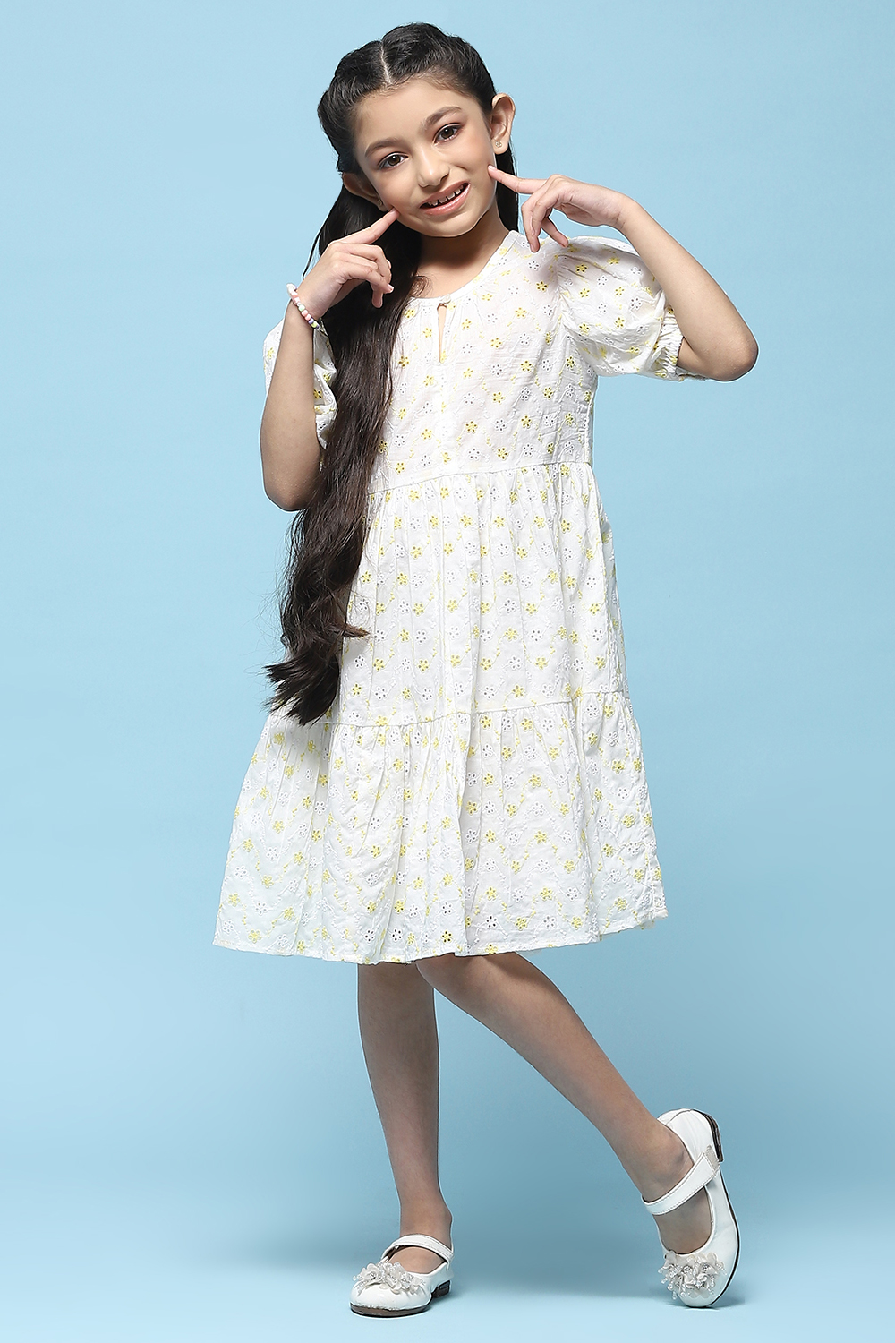White Tiered Schiffli Cotton Dress image number 0