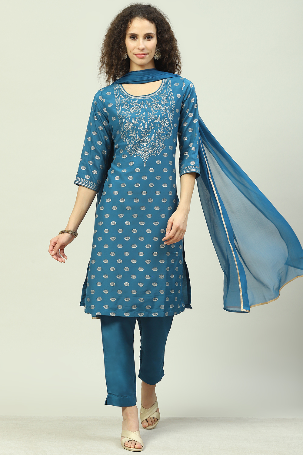 Teal Art Silk Straight Kurta Slim Pant Suit Set image number 0