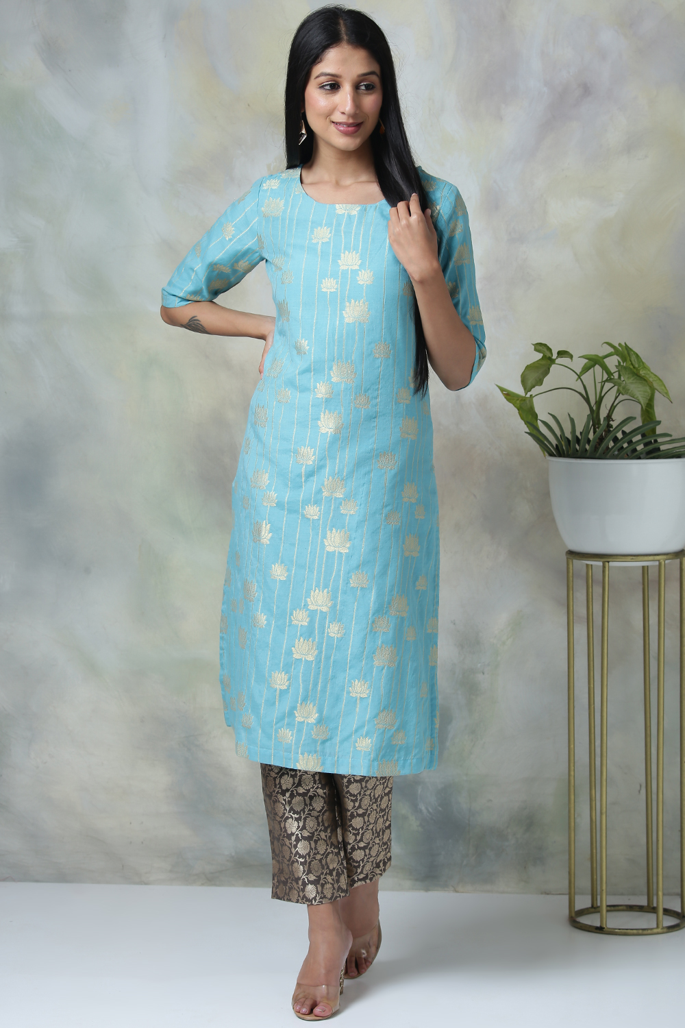 Turquoise Art Silk Cotton Yarndyed Kurta image number 2