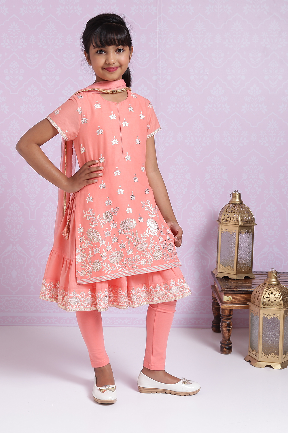 Peach Cotton Double Layered Kurta Churidar Suit Set image number 8