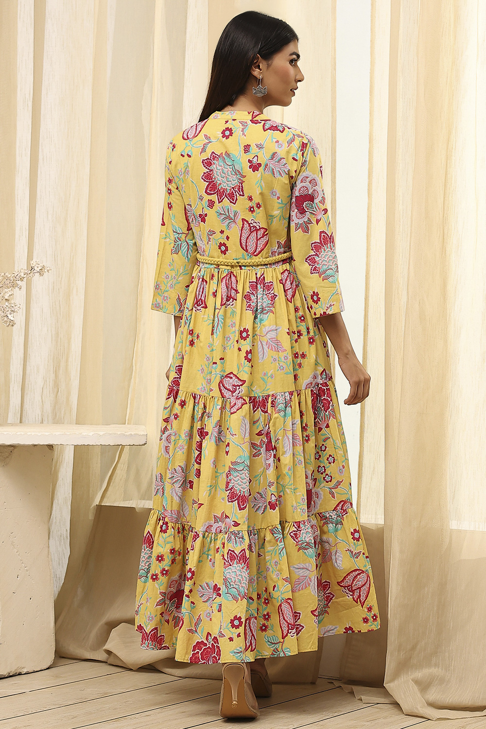 Earthy Blue Cotton Floral Tiered Dress image number 4