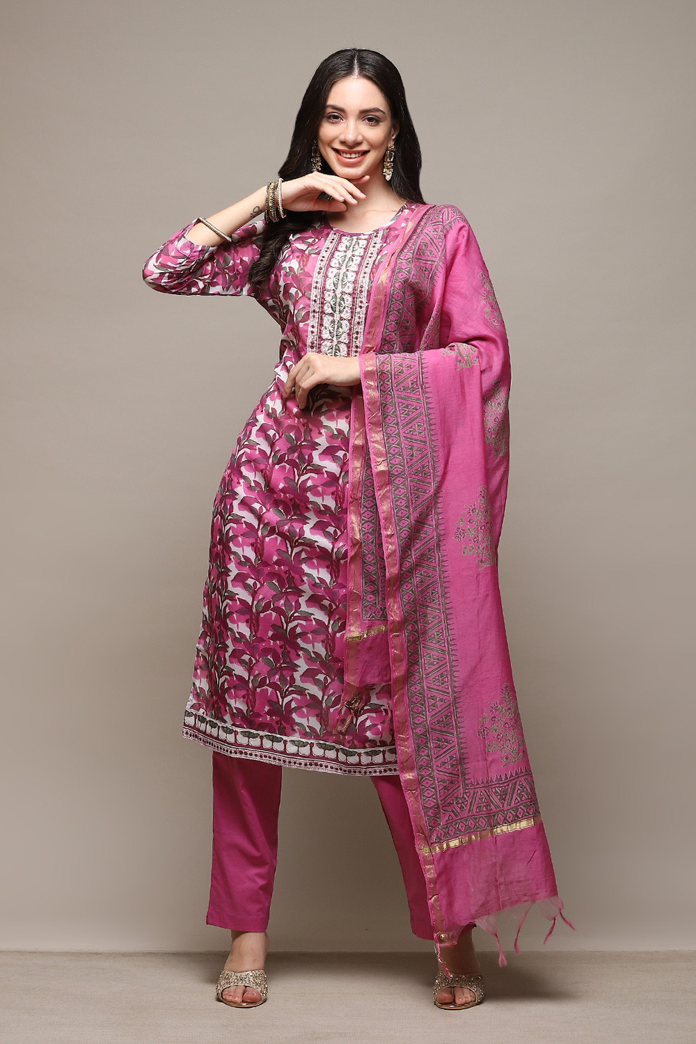 Wine Silk Blend Printed Unstitched Suit Set image number 1