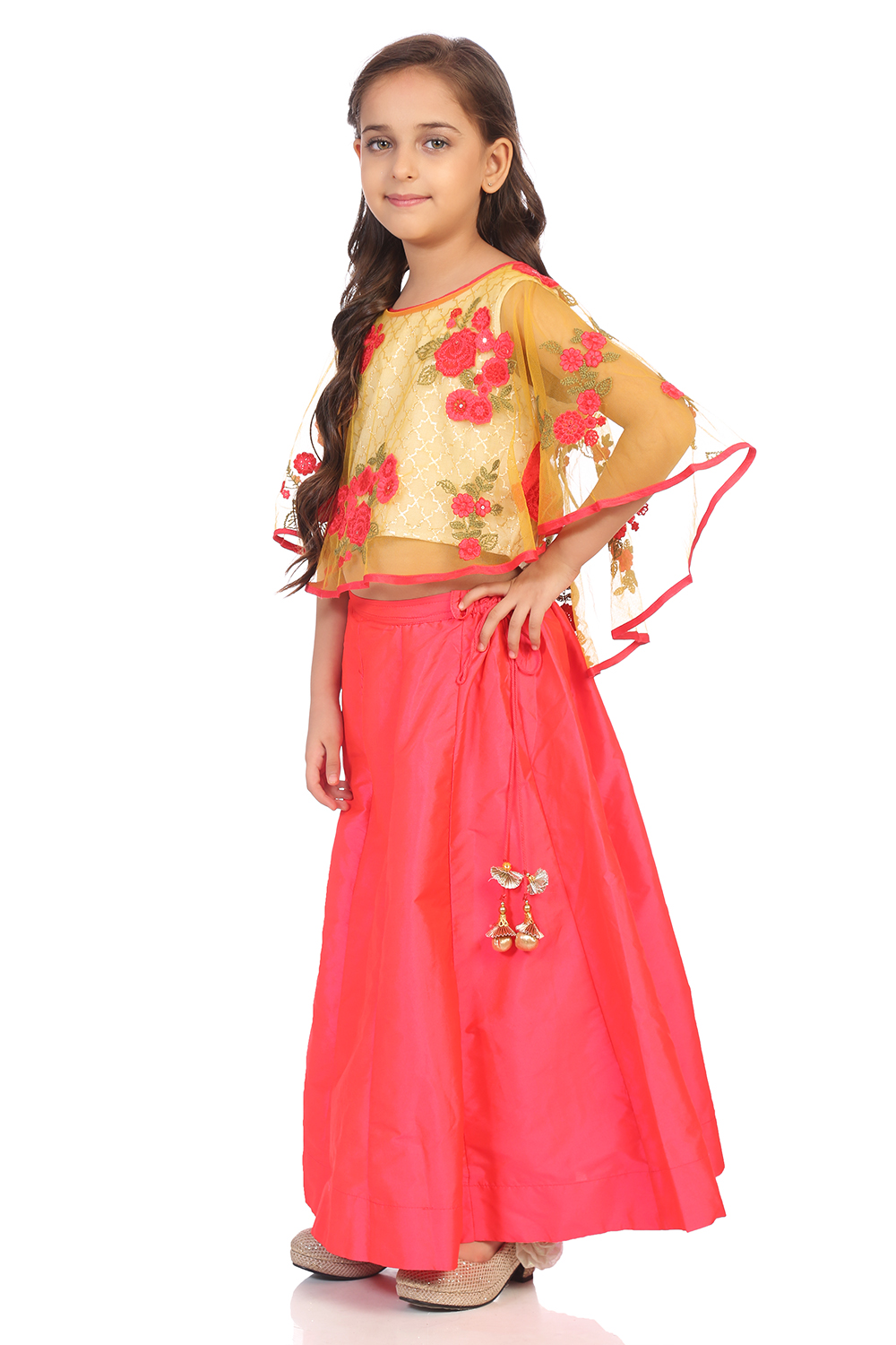 Yellow and Coral  Nylon Art Silk Lehenga Set image number 2