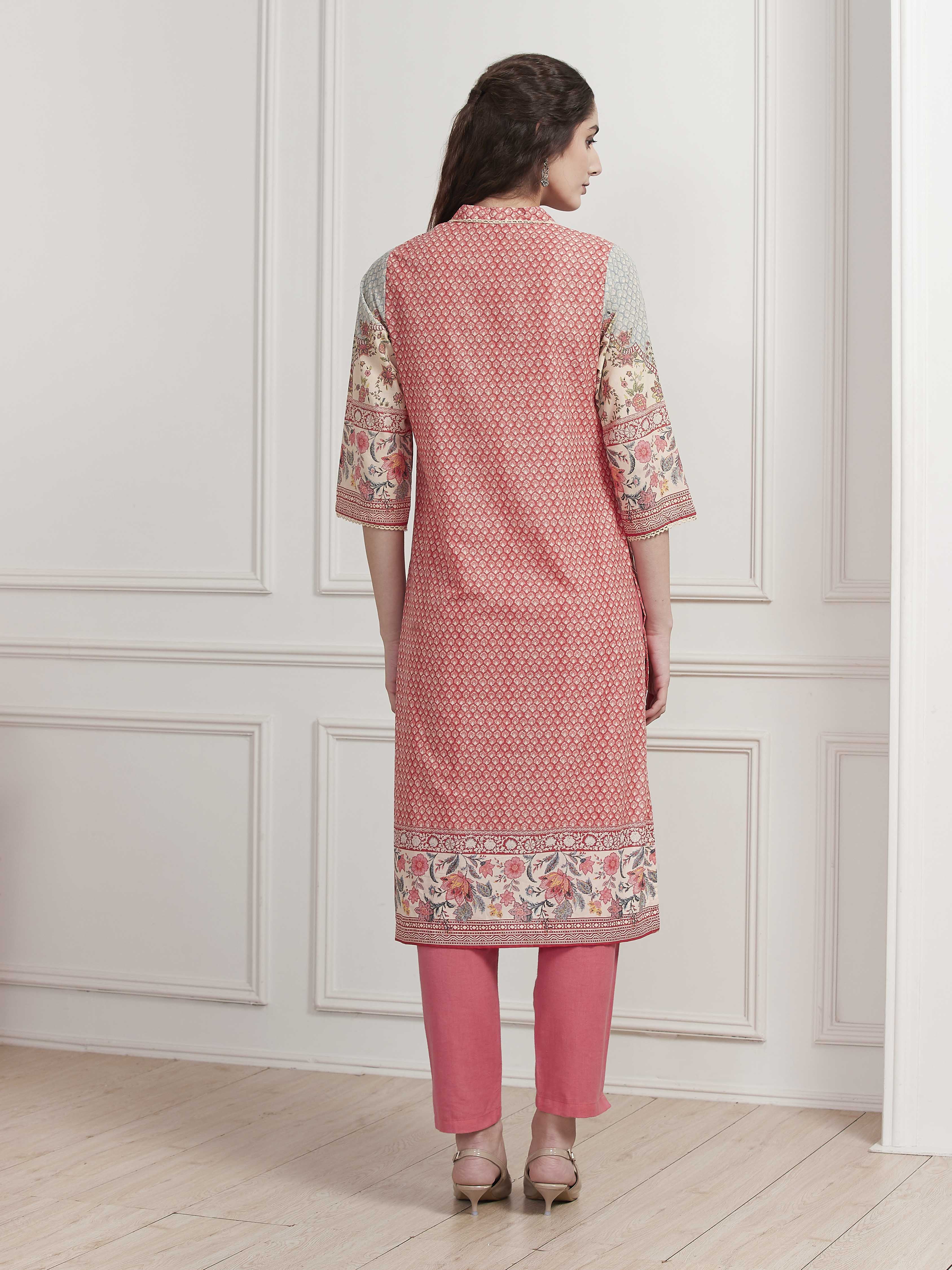 Red Cotton Printed Straight Kurta image number 3