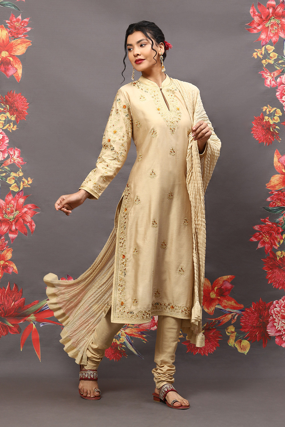 Rohit Bal Beige Cotton Blend Straight Kurta Suit Set image number 6