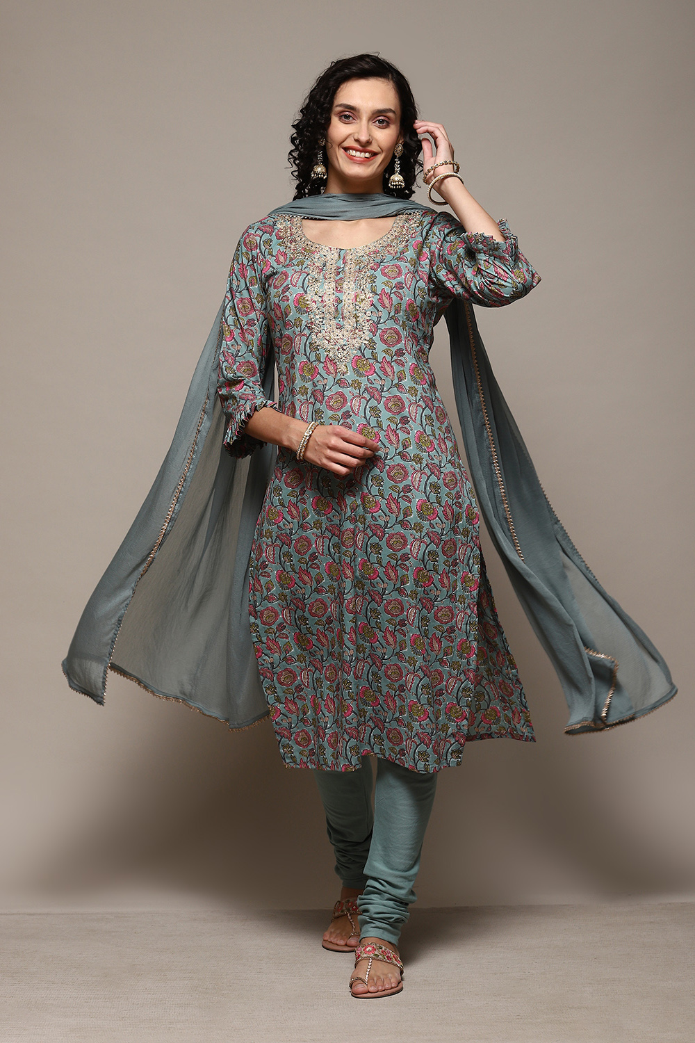 Sea Green Cotton Handloom Unstitched Suit Set image number 1