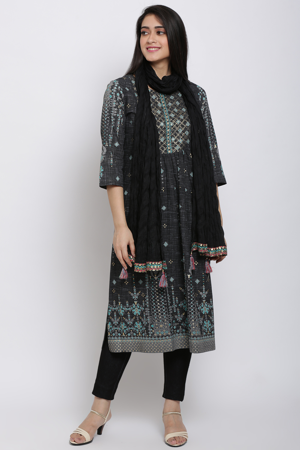 Black Cotton A-Line Printed Kurta image number 4