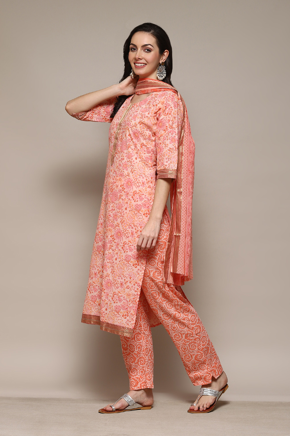 Peach Cotton Hand Block Print Unstitched Suit Set image number 6