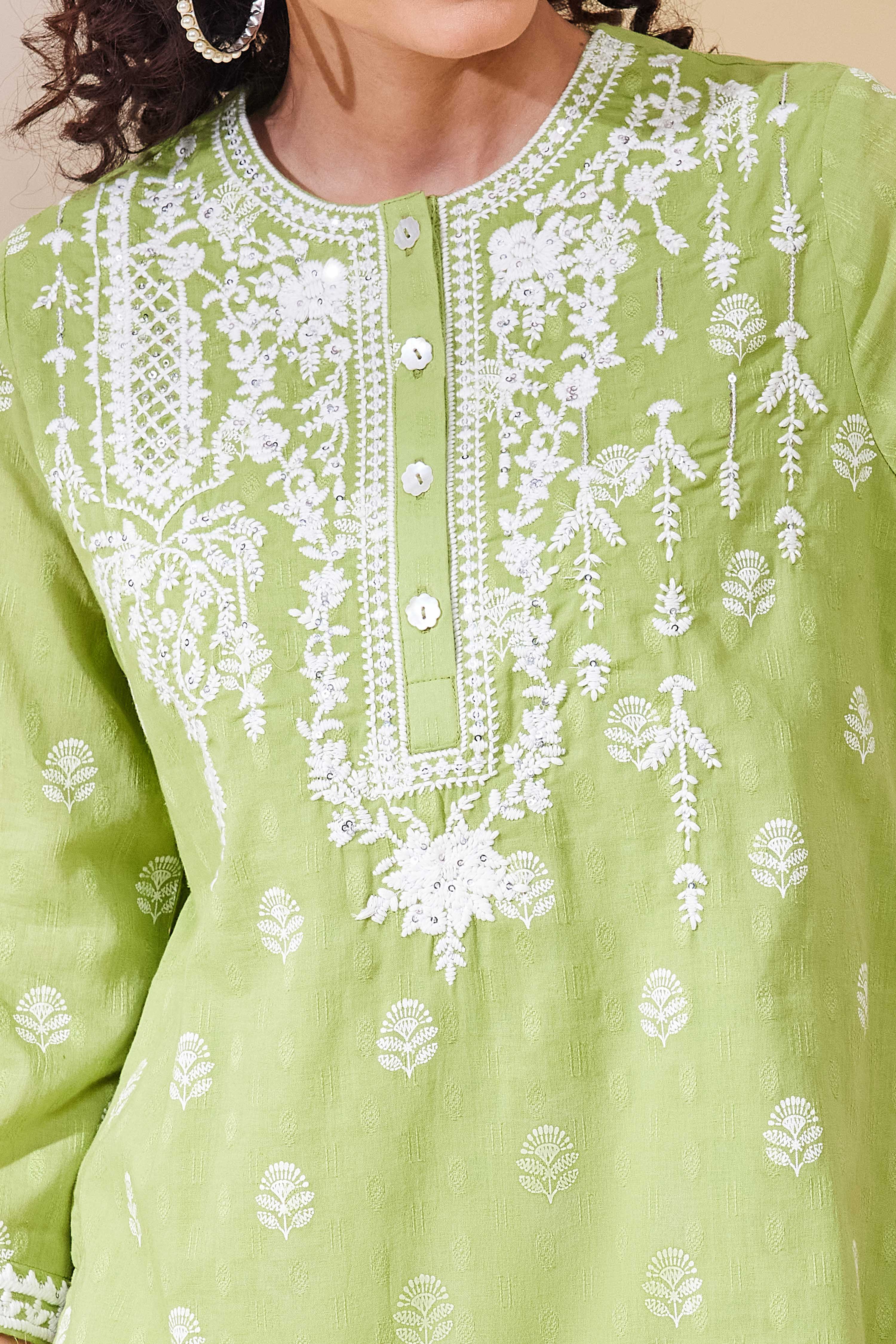 Green Cotton Straight Suit Set image number 1