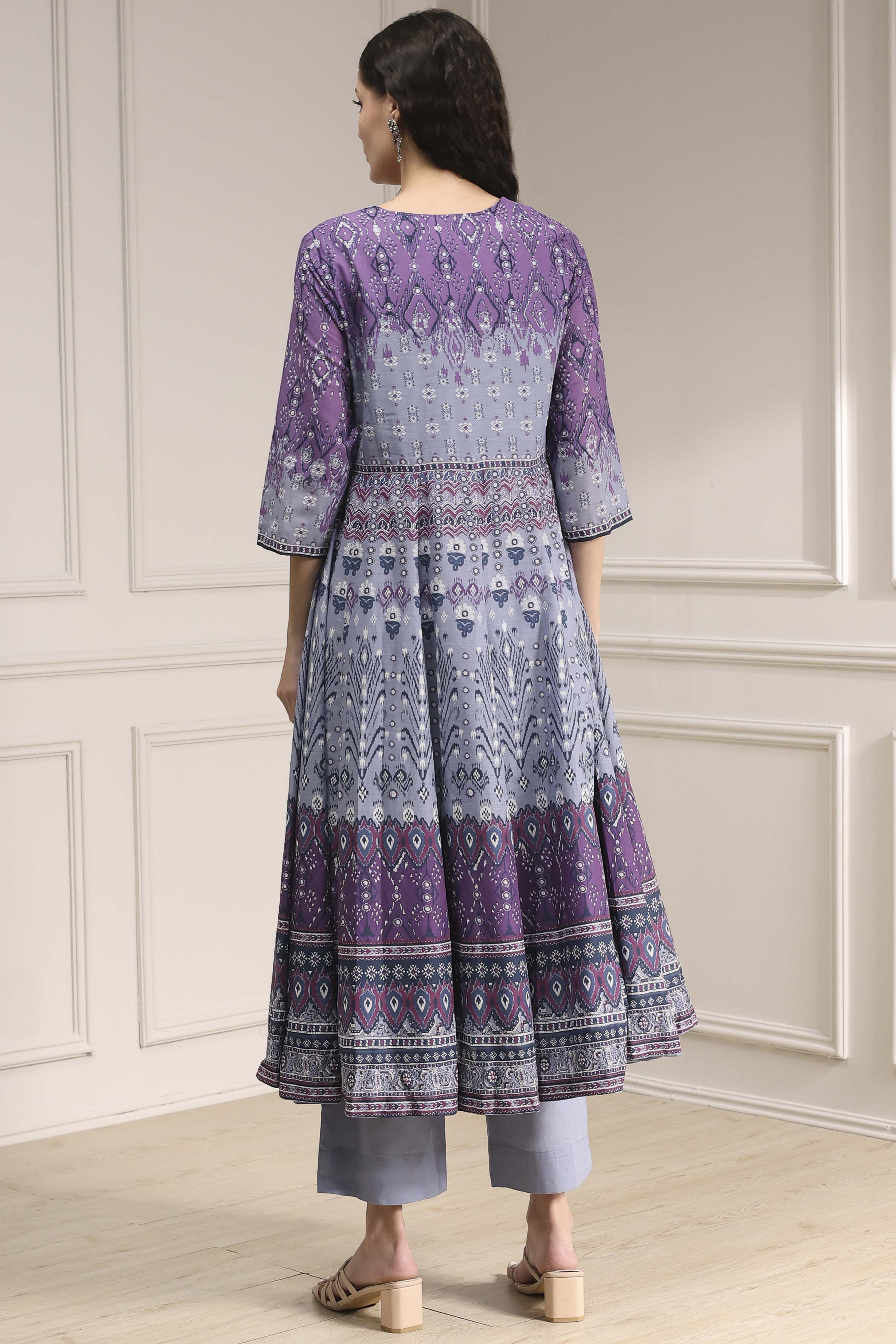 Lilac Cotton Printed Anarkali Suit Set image number 4