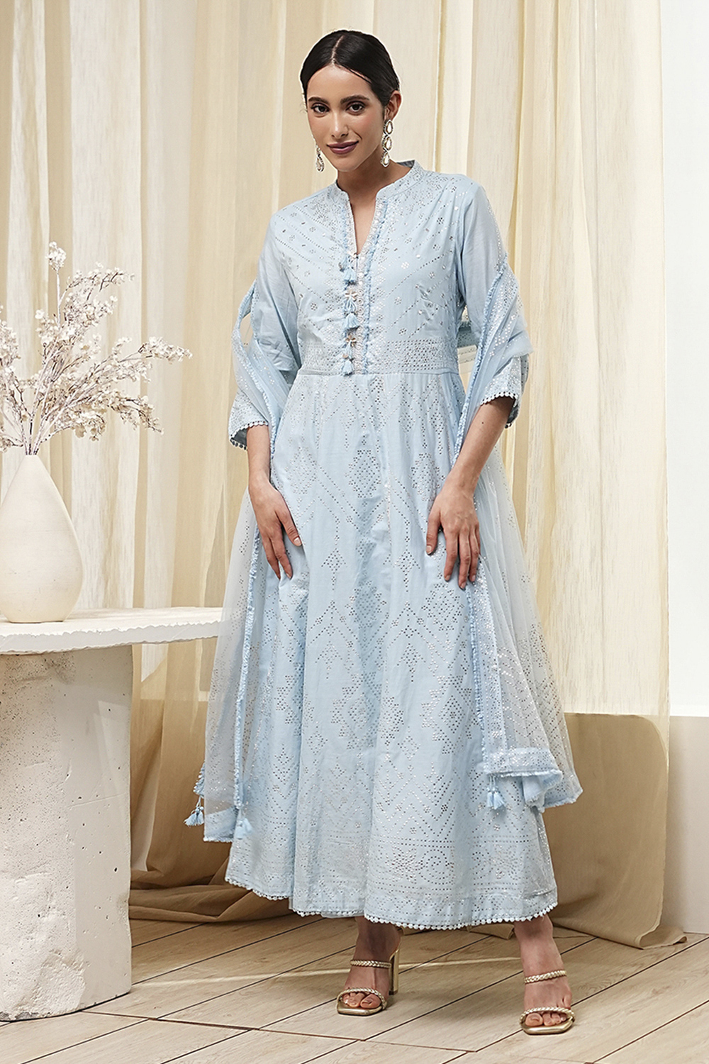 Off-White Cotton Embellished Anarkali Suit Set image number 6