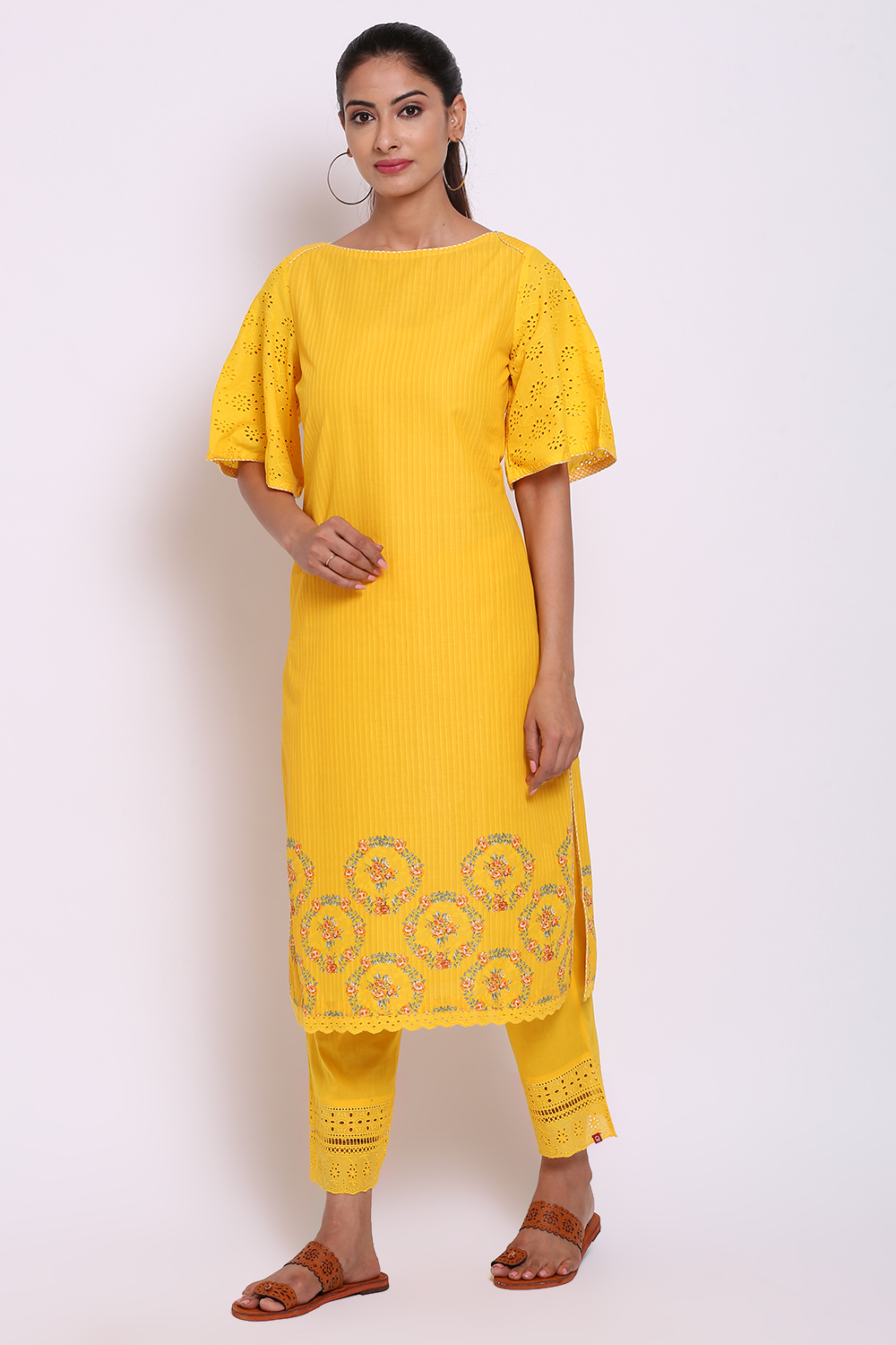 Yellow Cotton Straight Printed Kurta image number 3