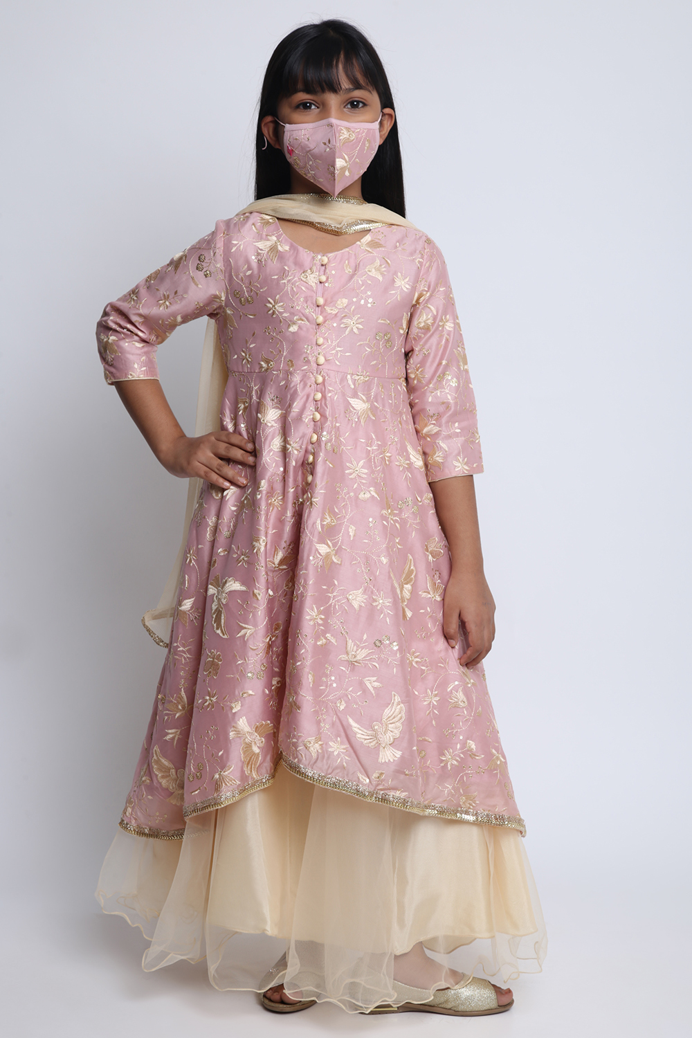 Beige Nylon Modal A-Line Kurta Lehenga Suit Set image number 0