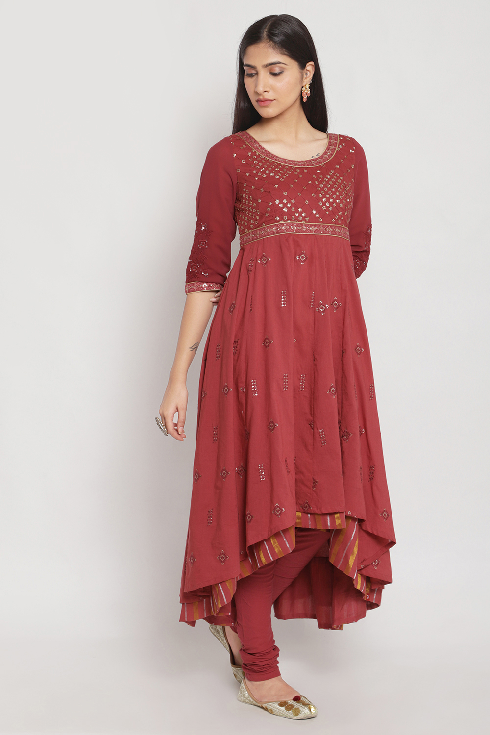 Plum Cotton Anarkali Kurta Churidar Suit Set image number 4