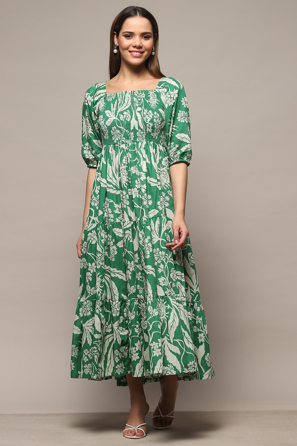 Cotton Two Leaves Dress Green/Grey