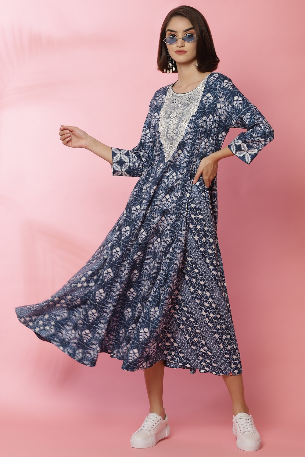 Blue Rayon Flared Lace Printed Dress image number 0