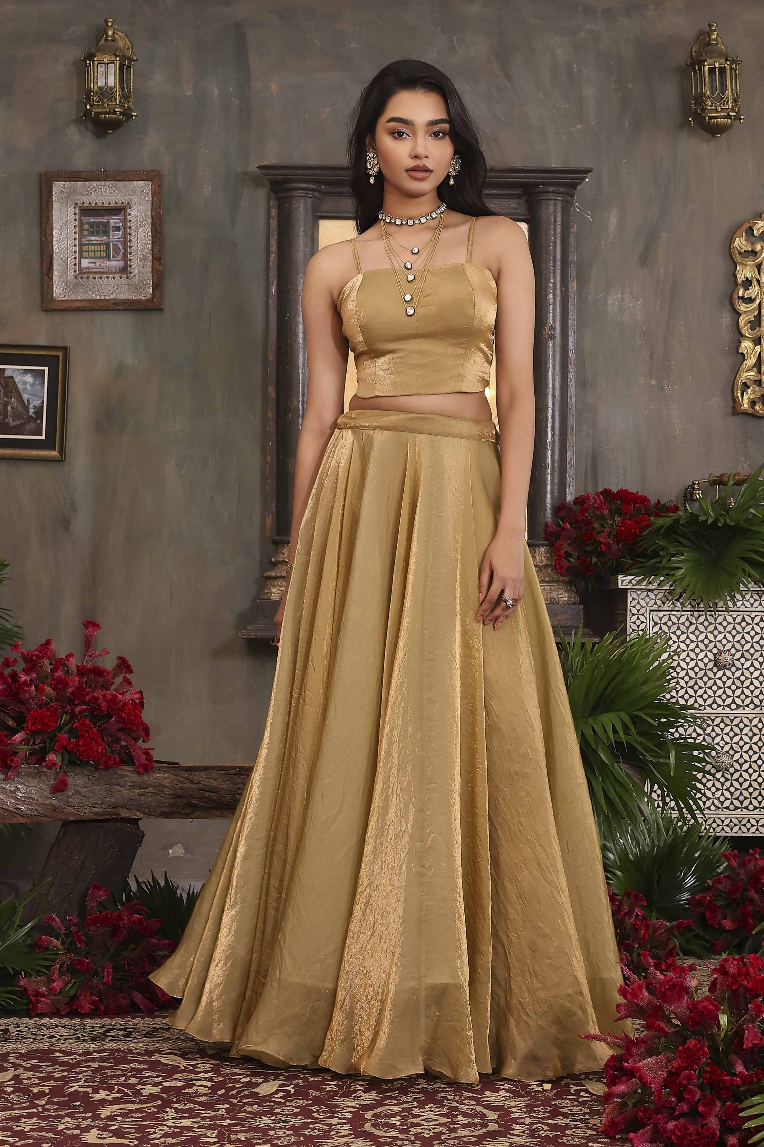 Gold Toned Art Silk Solid Lehenga Set With Jacket image number 7