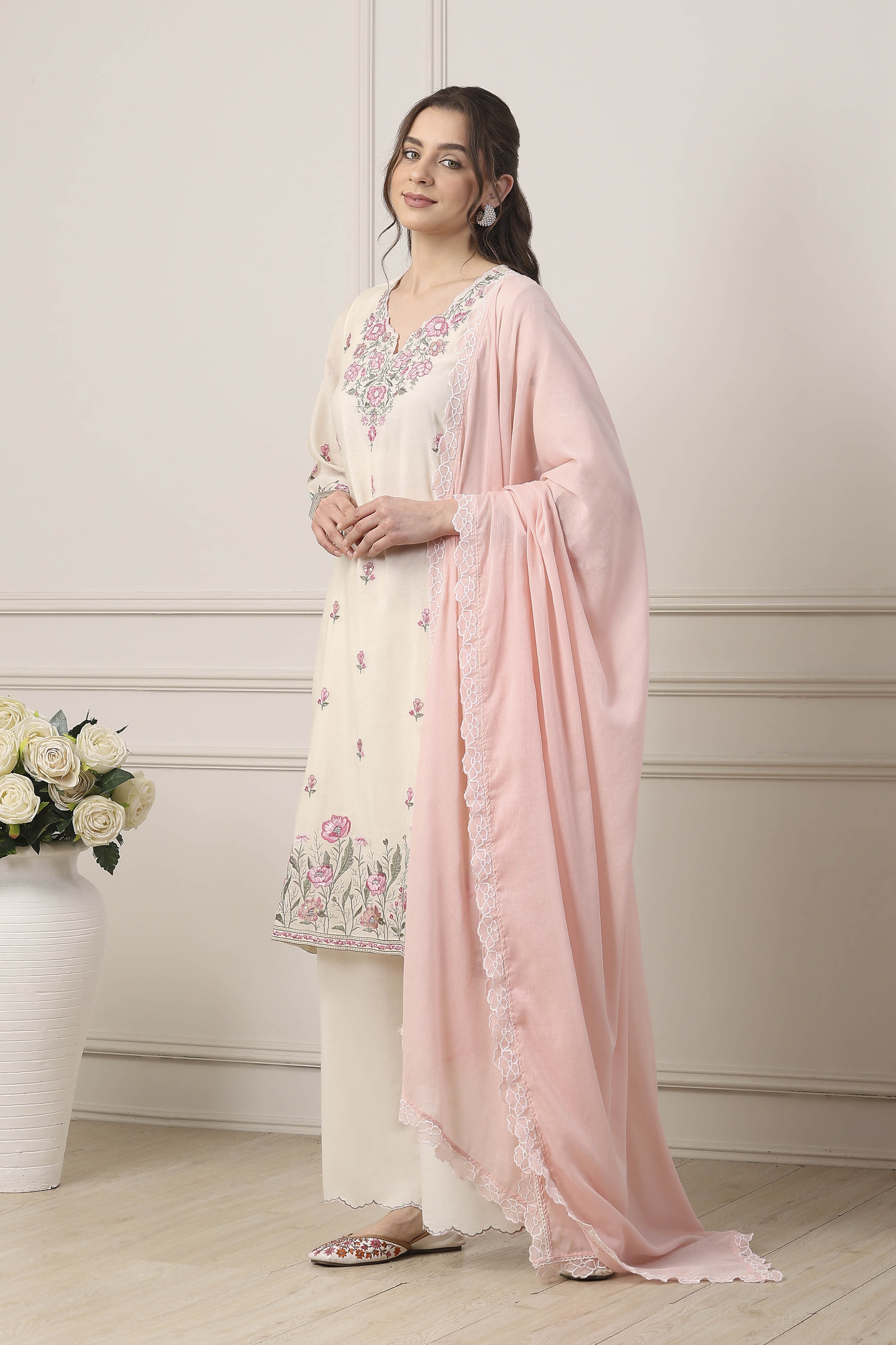 White Poly Chanderi Floral Work Straight Suit Set image number 3