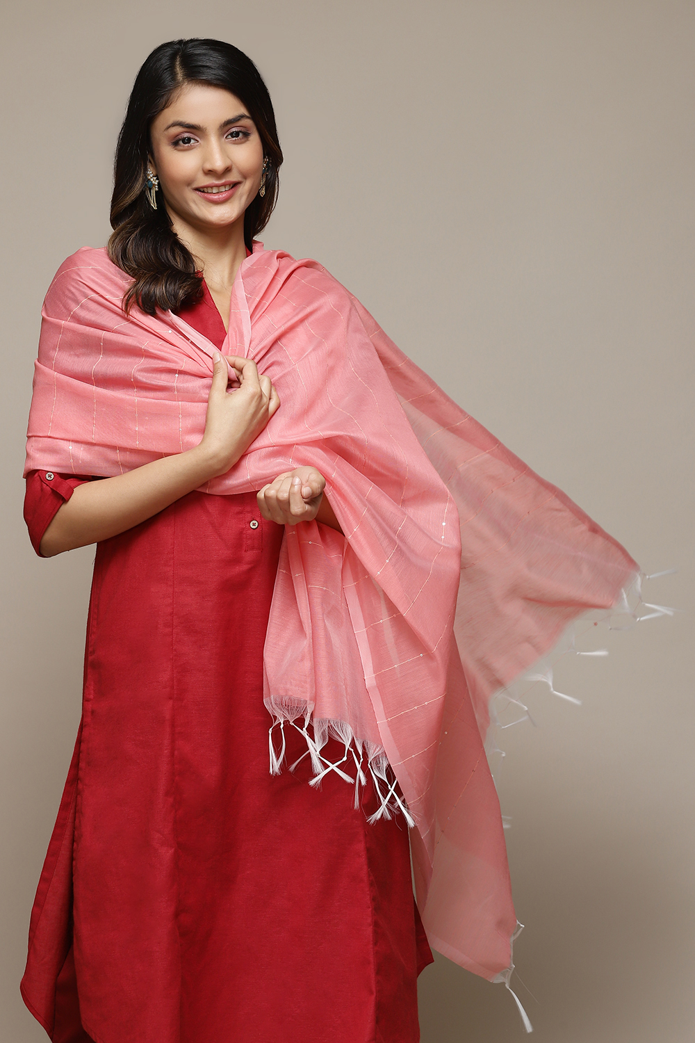 Pink Cotton Blend Dupatta image number 1