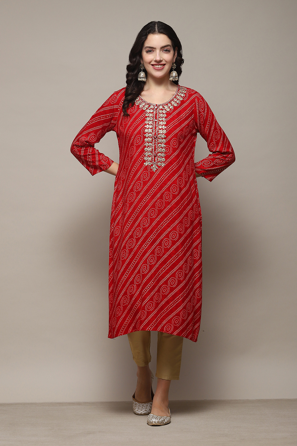 Red Rayon Straight Printed Kurta image number 5