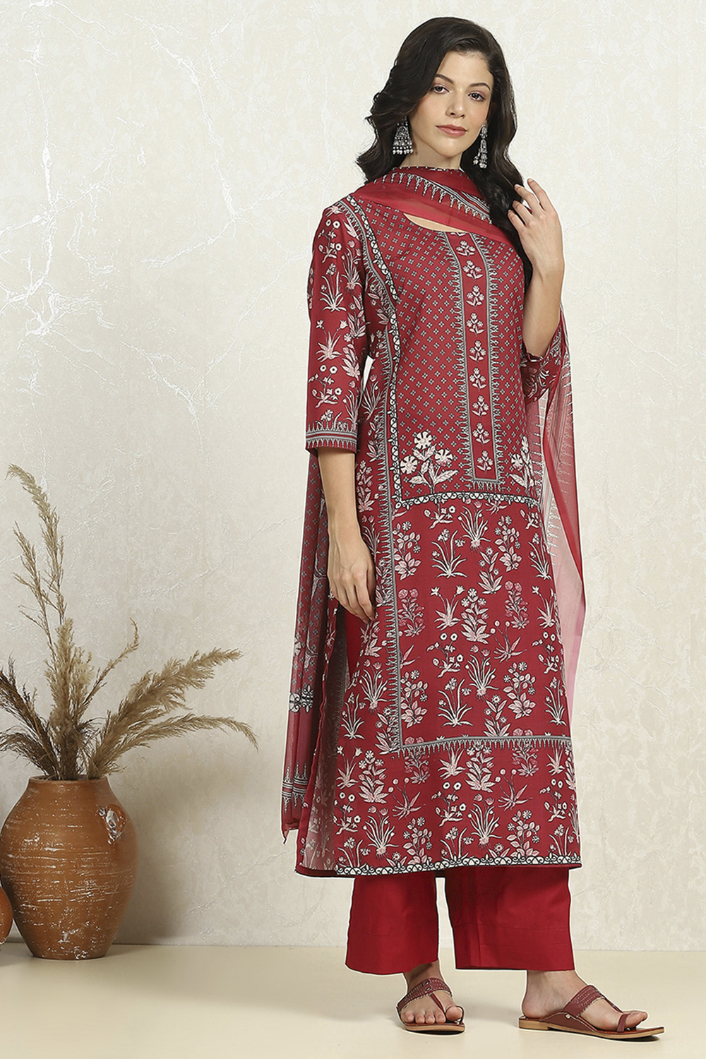 Green-Maroon Cotton Unstitched Suit Set image number 6