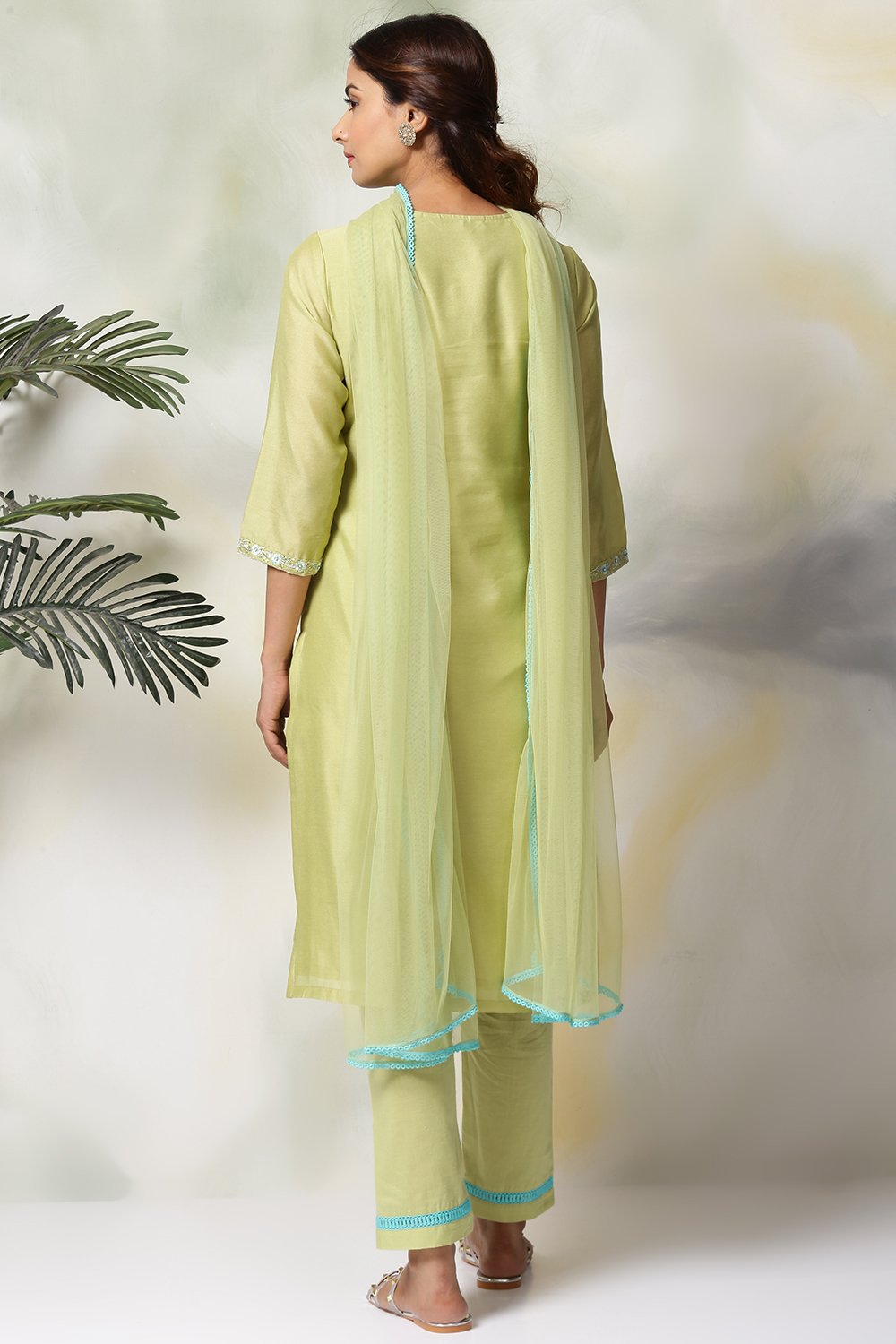 Sage Green Art Silk A-Line Kurta Regular Pant Suit Set image number 6