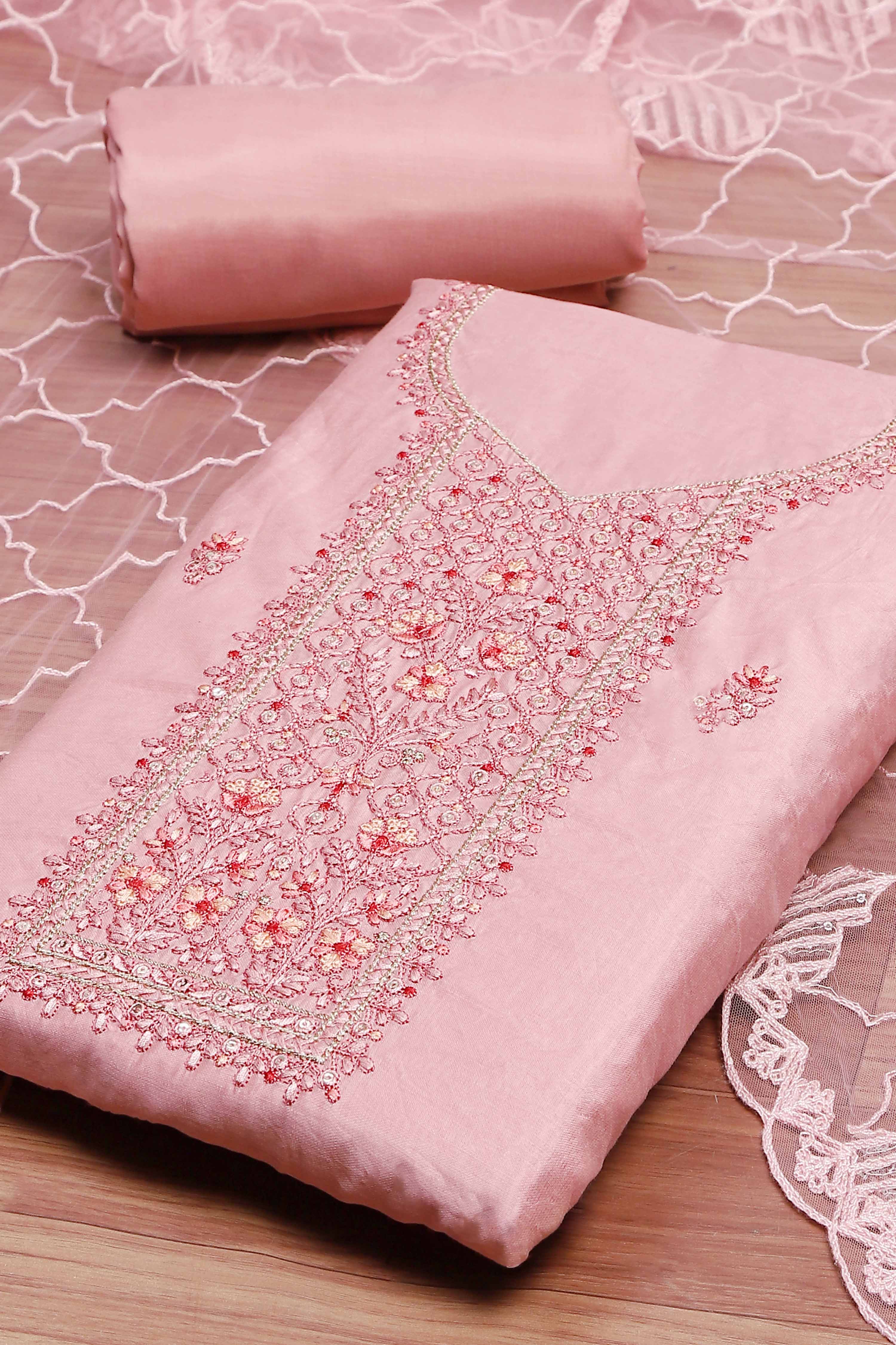 Beige Chanderi  Embroidered Unstitched Suit Set image number 2