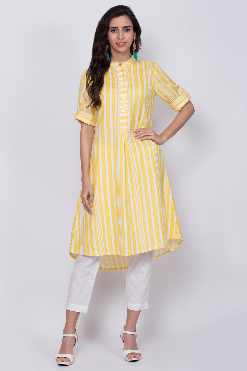 Yellow Striped Linen Printed Kurta image number 0