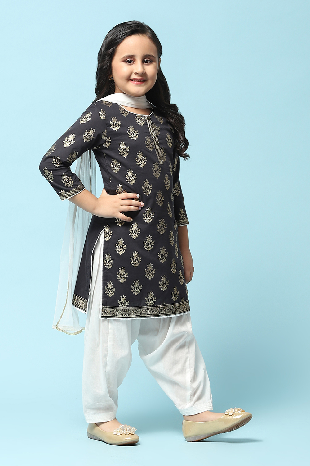 Black Cotton Straight Printed Kurta Patiyala Salwar Suit Set image number 6