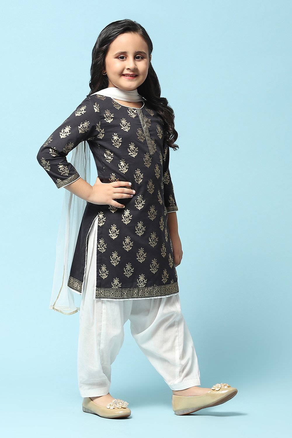 Turquoise Cotton Straight Printed Kurta Patiala Salwar Suit Set image number 6