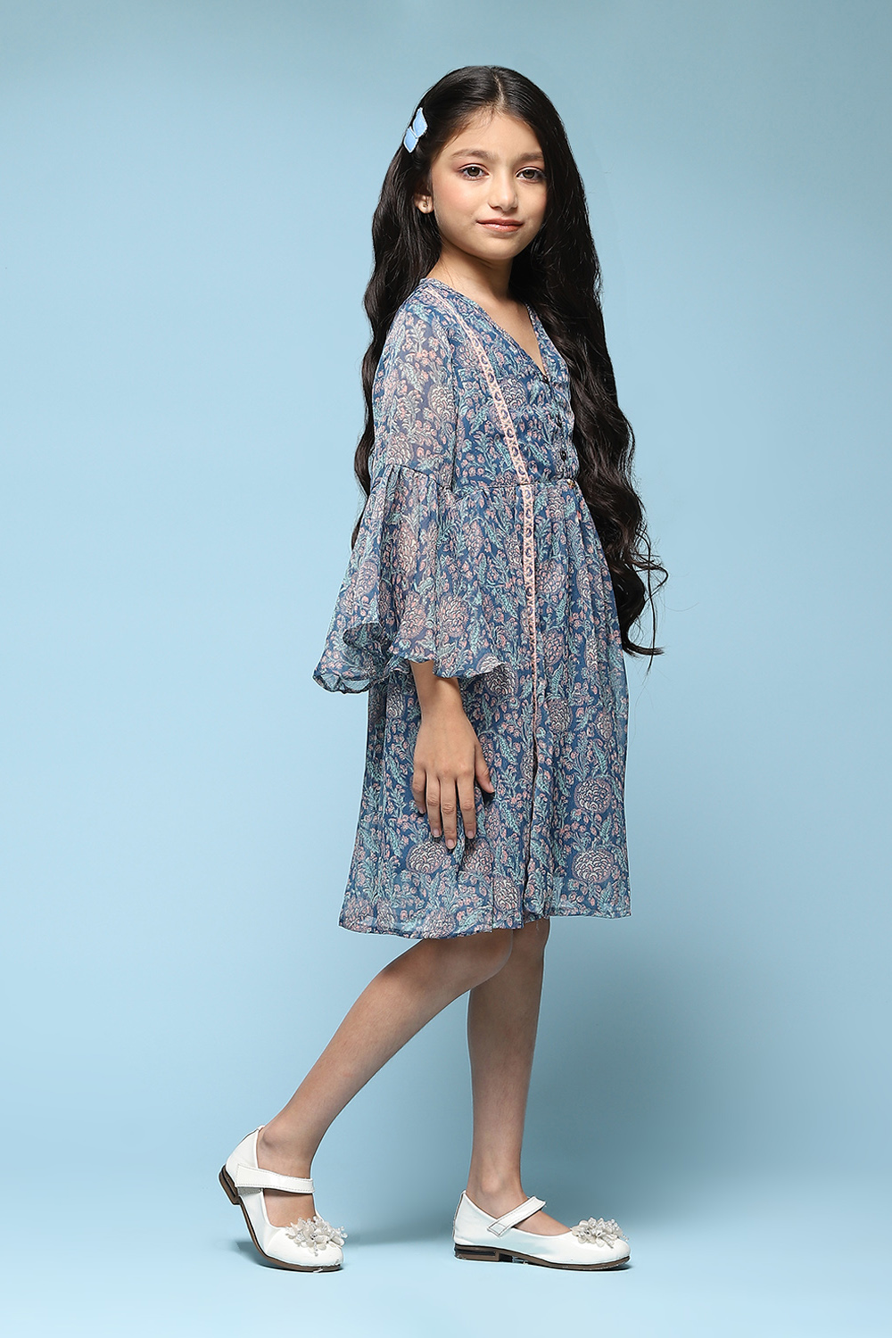 Blue Polyester Gathered Printed Dress image number 3