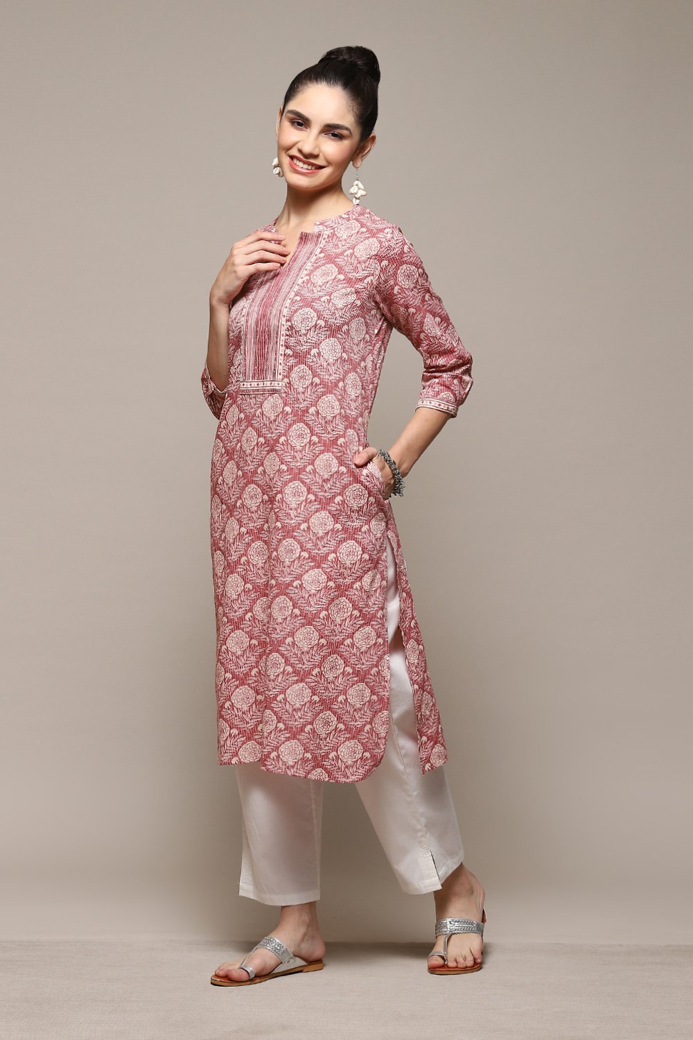 Blue Cotton Straight Printed Kurta image number 2