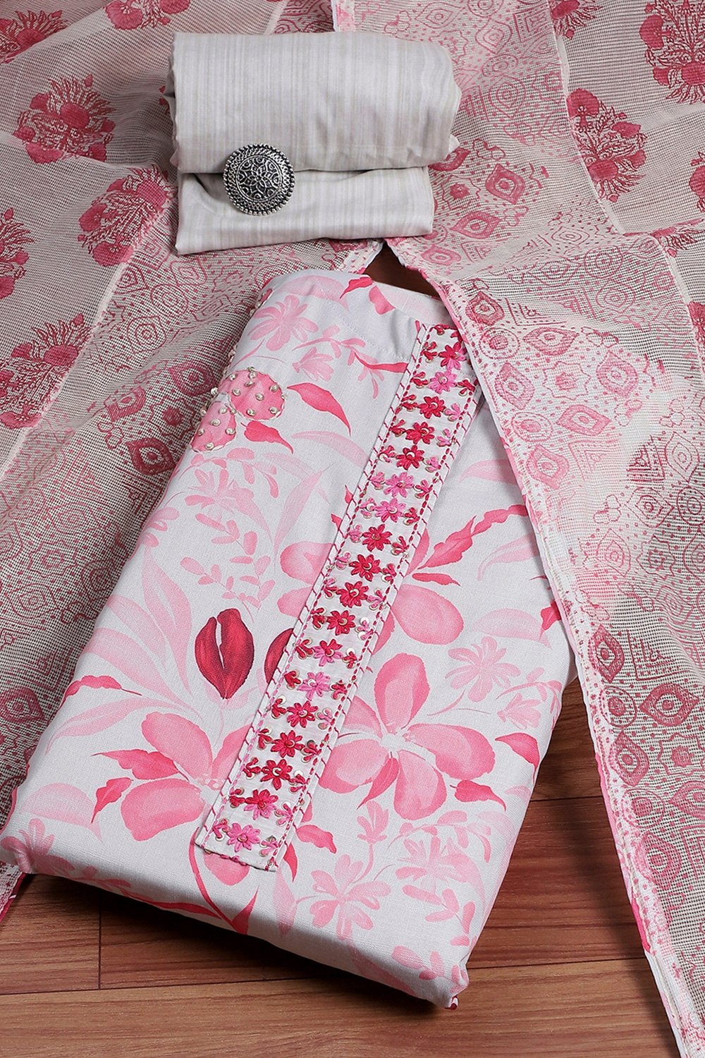 Pink and White Cotton Printed Unstitched Suit Set image number 0
