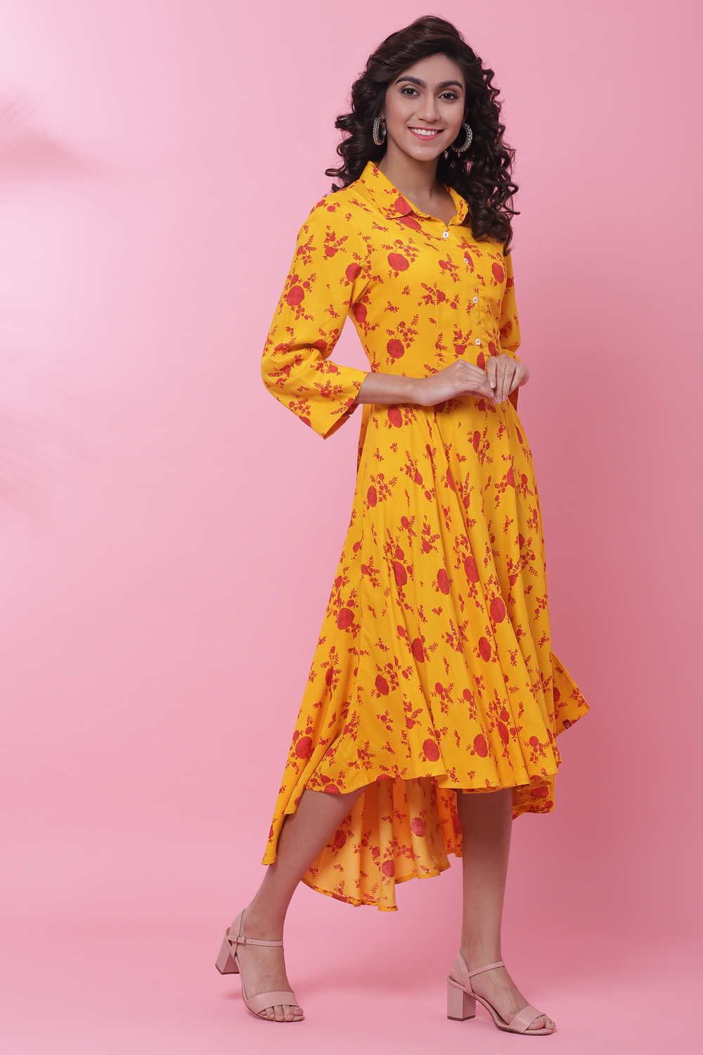 Mango Yellow Rayon Flared Printed Dress image number 3