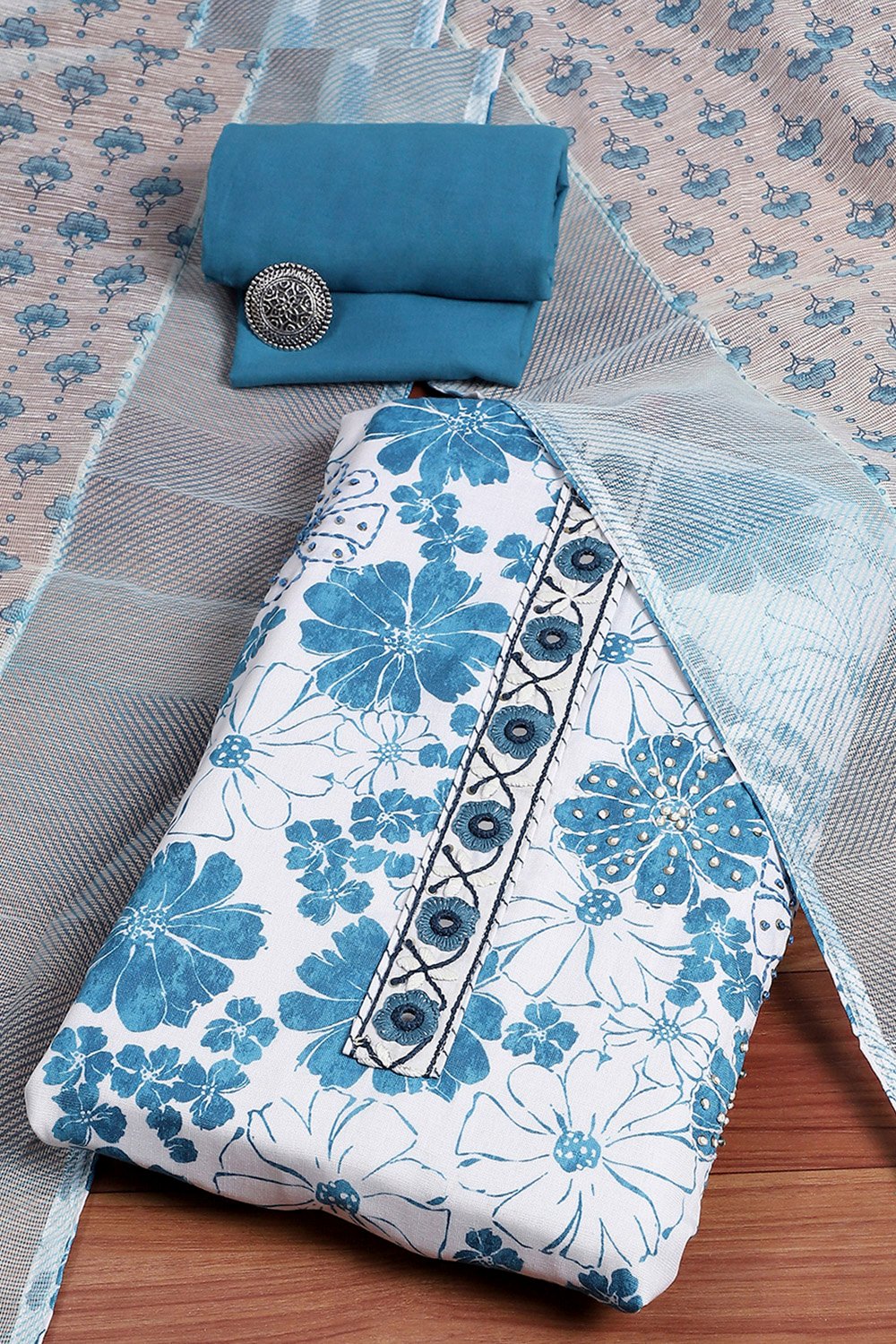 Blue Cotton Unstitched Suit Set image number 0